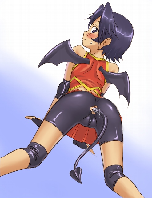 mosha, taki suzuna, eyeshield 21, 00s, 1girl, anal, anal beads, anal fluid, anal object insertion, anal tail, anus cutout, arched back, arm support, ass, back, bare shoulders, bat wings, bent over, bike shorts, black hair, blue eyes, blush, butt plug, cameltoe, cheerleader, dark-skinned female, dark skin, elbow pads, fake tail, female focus, female masturbation, fingerless gloves, gloves, knee pads, loli, looking at viewer, looking back, masturbation, midriff, object insertion, pleated skirt, pussy, sex toy, short hair, skirt, solo, spandex, sweat, tail, tail masturbation, wings