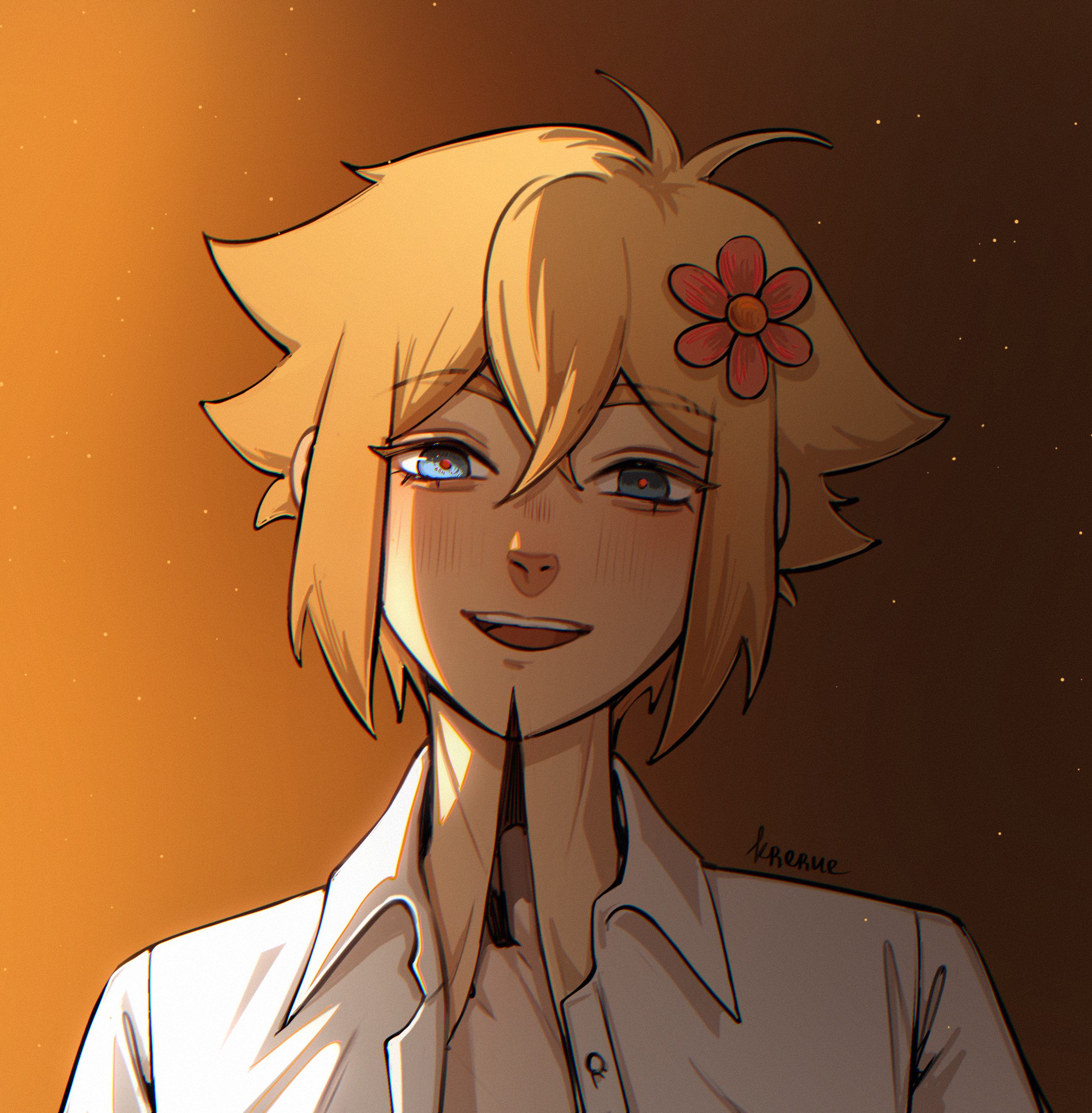 krerue, basil (faraway) (omori), basil (omori), hikaru ga shinda natsu, omori, absurdres, highres, 1boy, antenna hair, artist name, blonde hair, blue eyes, blush, brown background, collared shirt, crossed bangs, double-parted bangs, flower, gradient background, hair between eyes, hair flower, hair ornament, looking at viewer, male focus, open mouth, red pupils, shirt, short hair, sidelocks, simple background, solo, teeth, unbuttoned, unbuttoned shirt, upper body, upper teeth only, white shirt