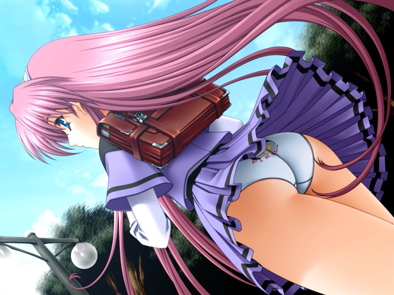 kisaragi nayu, fake (erogame), 1girl, ass, blue eyes, female focus, long hair, outdoors, panties, pink hair, school uniform, serafuku, skirt, solo, underwear