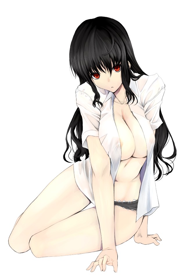 blush, breasts, long hair, midriff, open shirt, panties, underwear