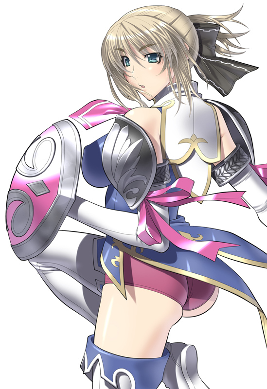 kansuke, cassandra alexandra, soul calibur, soulcalibur, soulcalibur iv, 1girl, ass, blonde hair, blush, bow, breasts, covered erect nipples, elbow gloves, female focus, gloves, green eyes, large breasts, necktie, panties, pink necktie, ponytail, ribbon, short hair, solo, sword, thighhighs, underwear, weapon