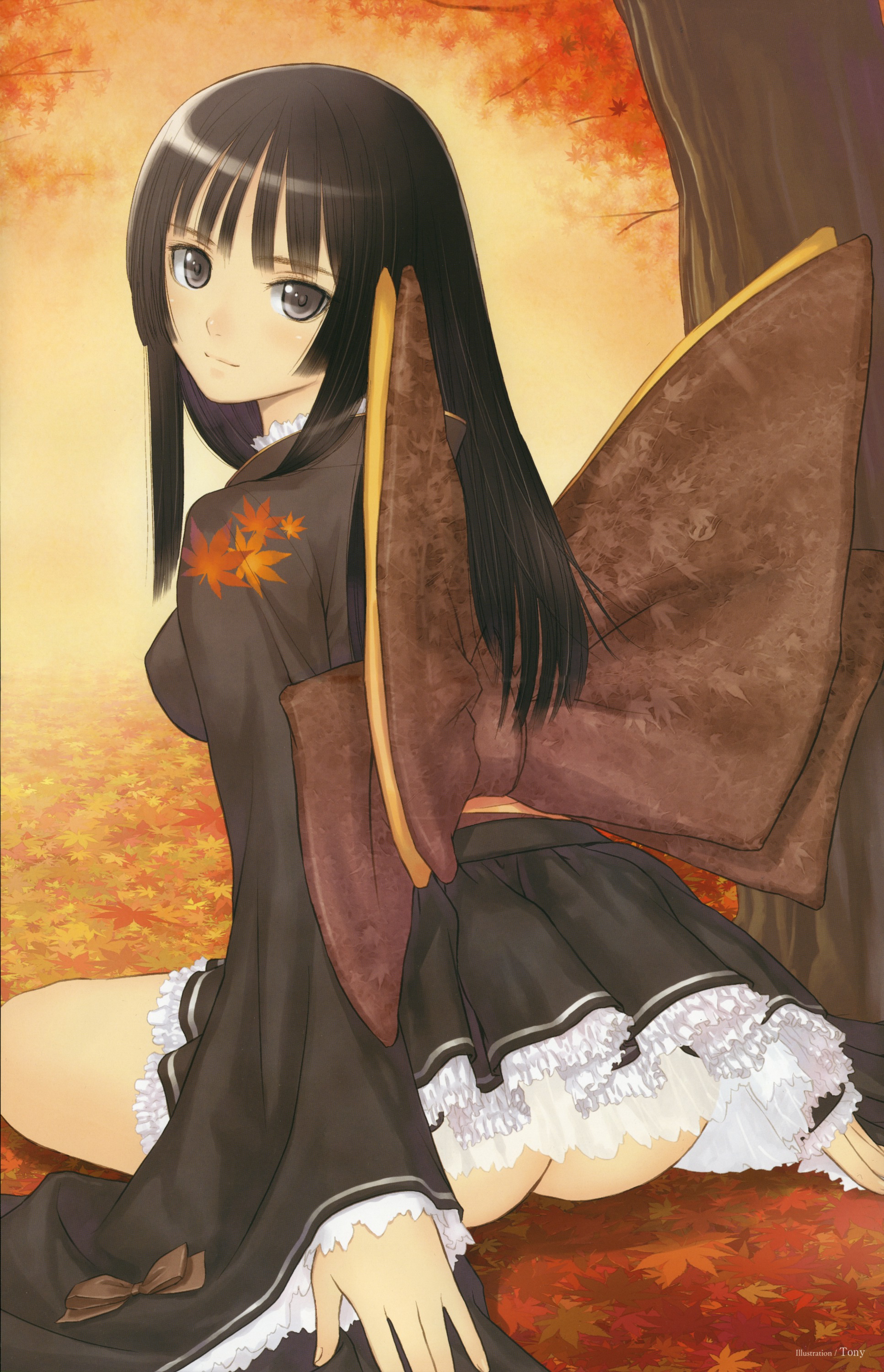 tony taka, absurdres, highres, scan, 1girl, ass, black hair, blush, breasts, female focus, japanese clothes, kimono, long hair, looking at viewer, no panties, sitting, skirt, solo