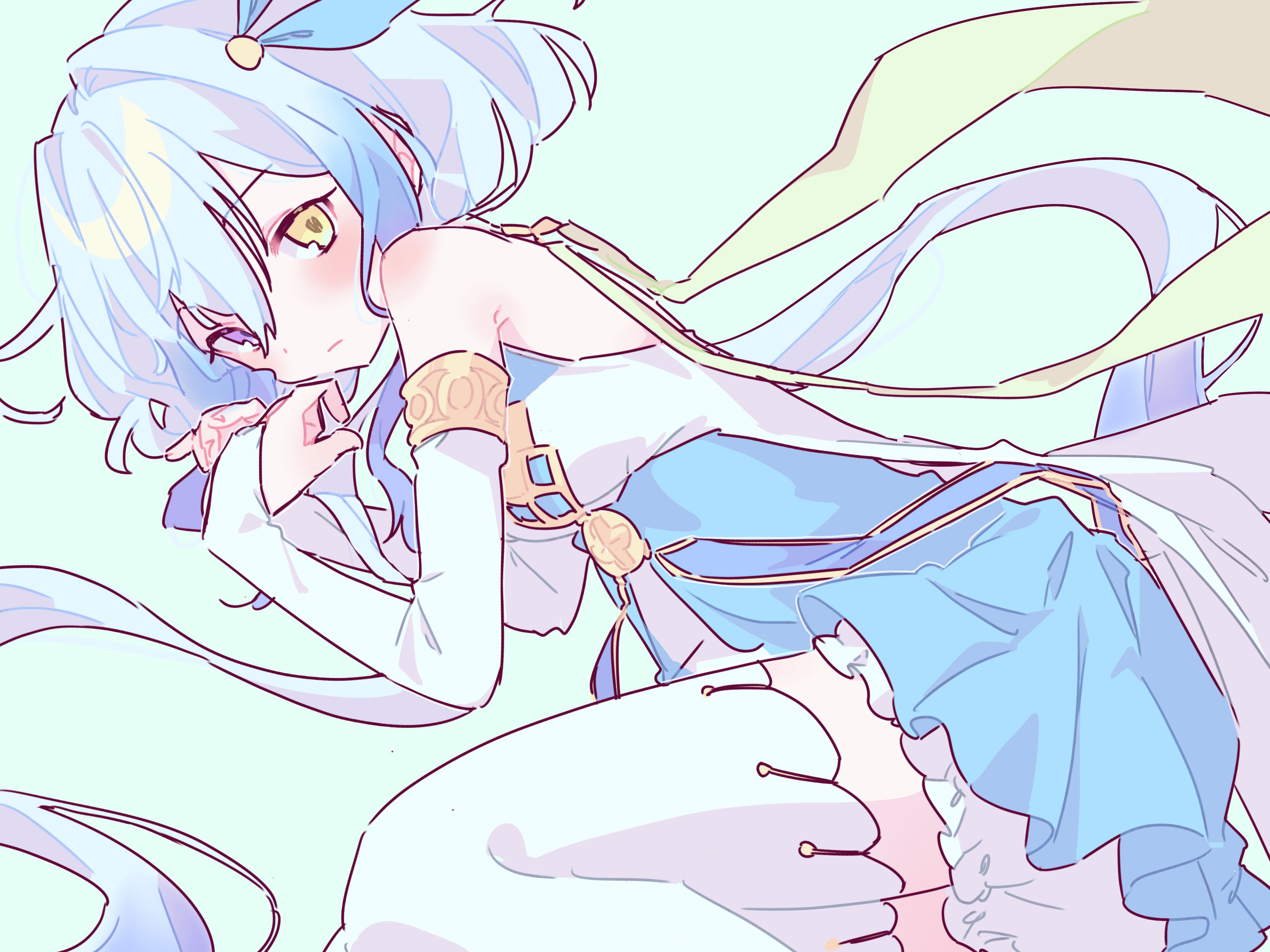 original, absurdres, highres, 1girl, bare shoulders, blue dress, blue hair, blush, bridal gauntlets, closed mouth, detached sleeves, dress, green background, hair between eyes, heterochromia, long hair, looking at viewer, lying, m0u10lv, on side, purple eyes, ribbon, simple background, solo, thighhighs, white thighhighs, yellow eyes
