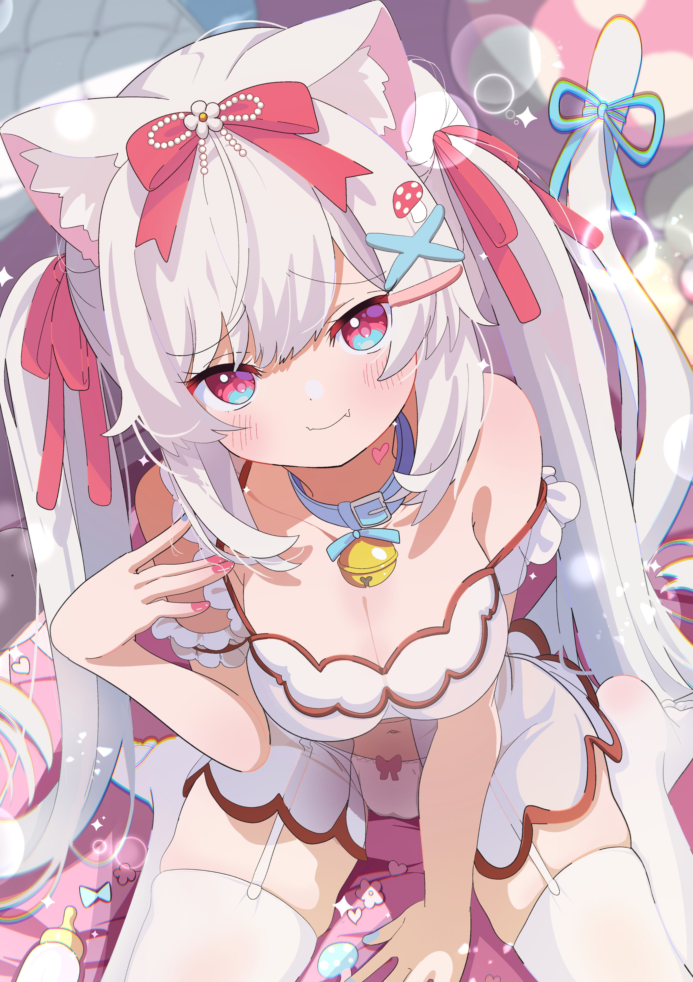 shiro9jira, original, absurdres, highres, 1girl, animal ear fluff, animal ears, babydoll, bell, blue collar, blush, bow, bow panties, breasts, cat ears, cat girl, cat tail, cleavage, closed mouth, collar, fang, hair ornament, hair ribbon, hairclip, jingle bell, long hair, looking at viewer, navel, neck bell, panties, ribbon, smile, solo, strap slip, tail, tail ornament, thighhighs, twintails, underwear, very long hair, white hair, white panties, x hair ornament