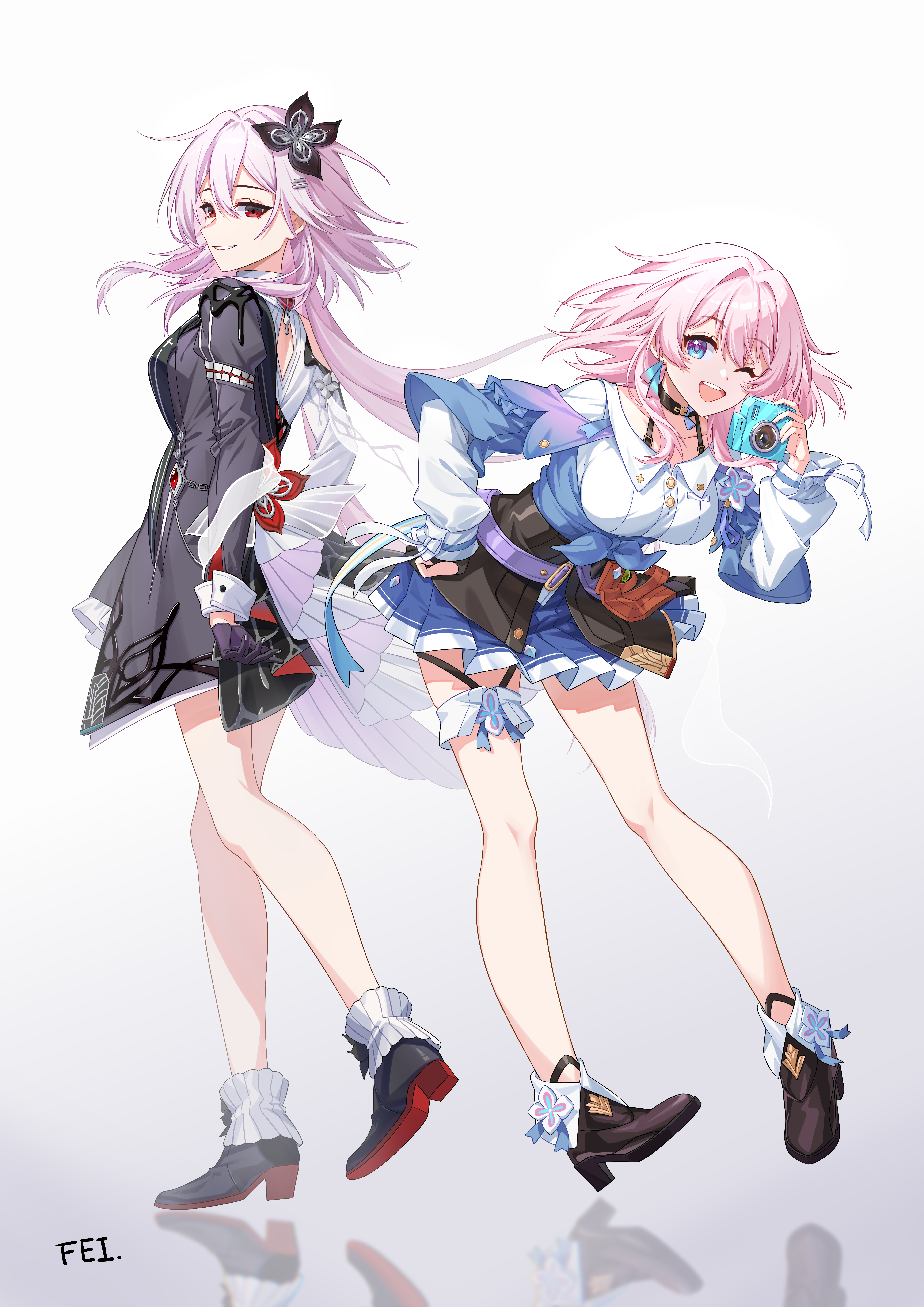 feiken 631, evernight (honkai: star rail), march 7th (honkai: star rail), march 7th (preservation) (honkai: star rail), honkai: star rail, honkai (series), absurdres, commentary, english commentary, highres, variant set, 2girls, ankle boots, asymmetrical clothes, black boots, black choker, black dress, black gloves, black overskirt, blue eyes, blue jacket, blue skirt, boots, bra strap, breasts, buttons, camera, choker, collarbone, dress, dual persona, flower, flower ornament, fold-over boots, full body, gloves, gradient background, gradient clothes, gradient jacket, hair flower, hair ornament, hairclip, hand on own hip, high heel boots, high heels, holding, holding camera, jacket, layered dress, long hair, long sleeves, looking at viewer, medium breasts, medium hair, miniskirt, multicolored boots, multicolored eyes, multiple girls, one eye closed, open mouth, parallel hairclips, partially fingerless gloves, pink eyes, pink hair, pink jacket, pleated skirt, red boots, shirt, short dress, signature, single bare shoulder, single glove, skirt, smile, teeth, thigh strap, tied jacket, two-tone boots, two-tone eyes, underbust, upper teeth only, white boots, white dress, white shirt
