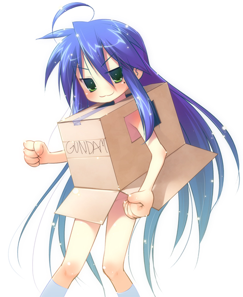 chinchickrin, cardboard box gundam, izumi konata, gundam, lucky star, 00s, 1girl, :3, ahoge, blue hair, blush, box, cardboard box, female focus, green eyes, loli, long hair, mole, mole under eye, nude, simple background, socks, solo, very long hair