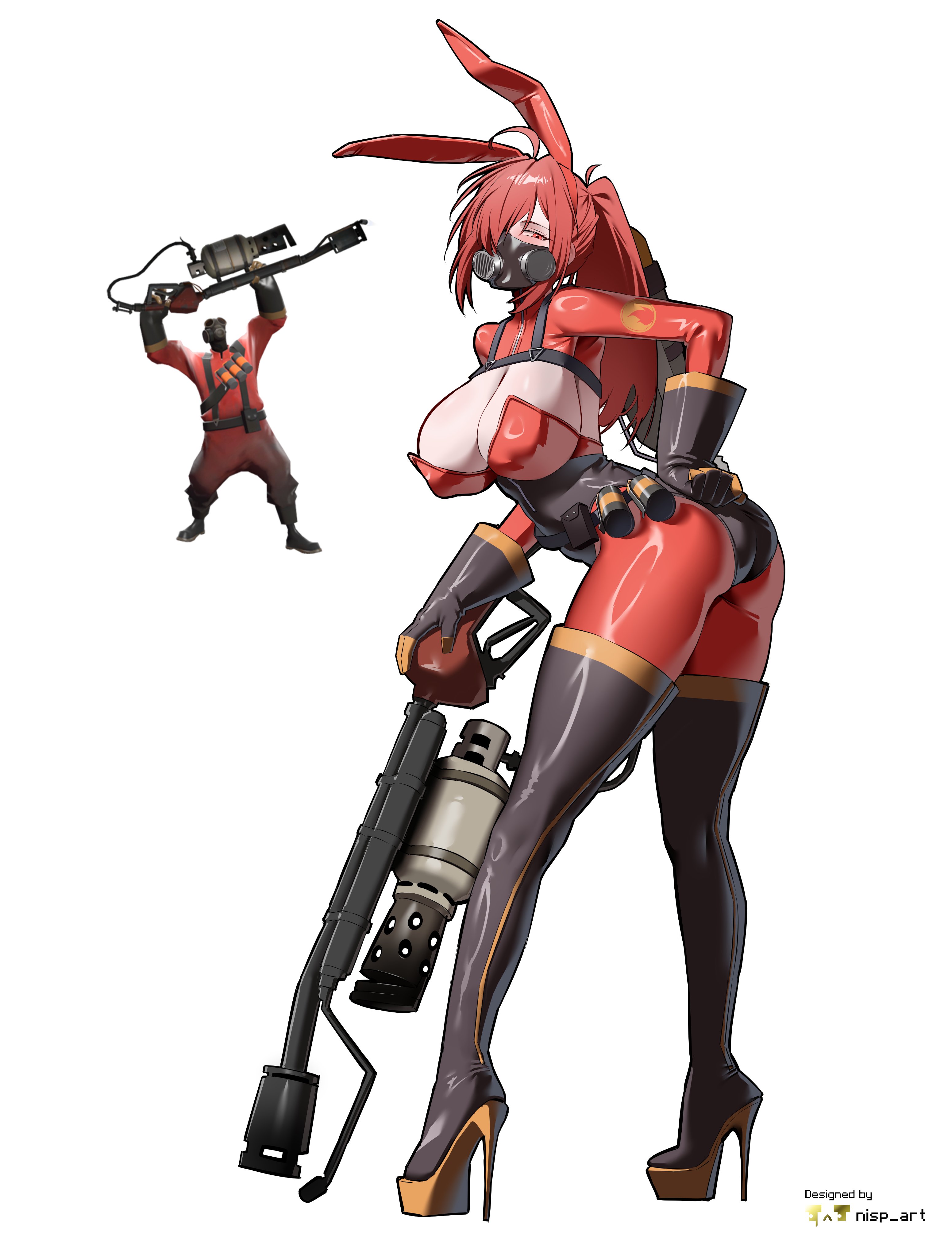 nisp art, pyro (tf2), team fortress 2, absurdres, highres, 1girl, animal ears, black boots, black gloves, bodysuit, boots, breasts, cleavage, flamethrower, full body, genderswap, genderswap (otf), gloves, grabbing own ass, hand on own ass, high heel boots, high heels, holding, holding flamethrower, holding weapon, large breasts, latex, latex bodysuit, looking back, mask, ponytail, rabbit ears, red eyes, red hair, reference inset, respirator, thigh boots, weapon