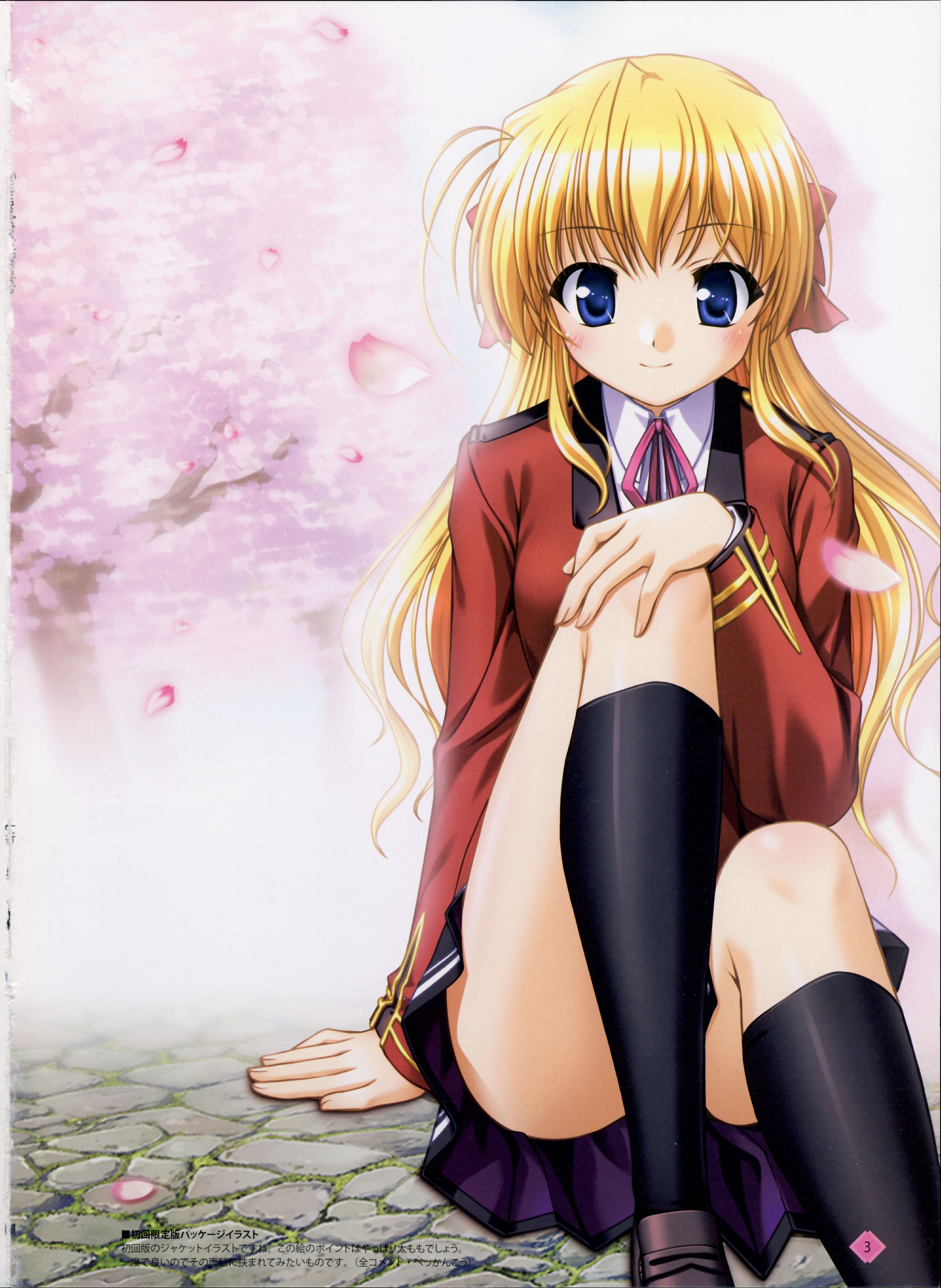 absurdres, highres, scan, blush, bow, kneehighs, long hair, skirt, socks