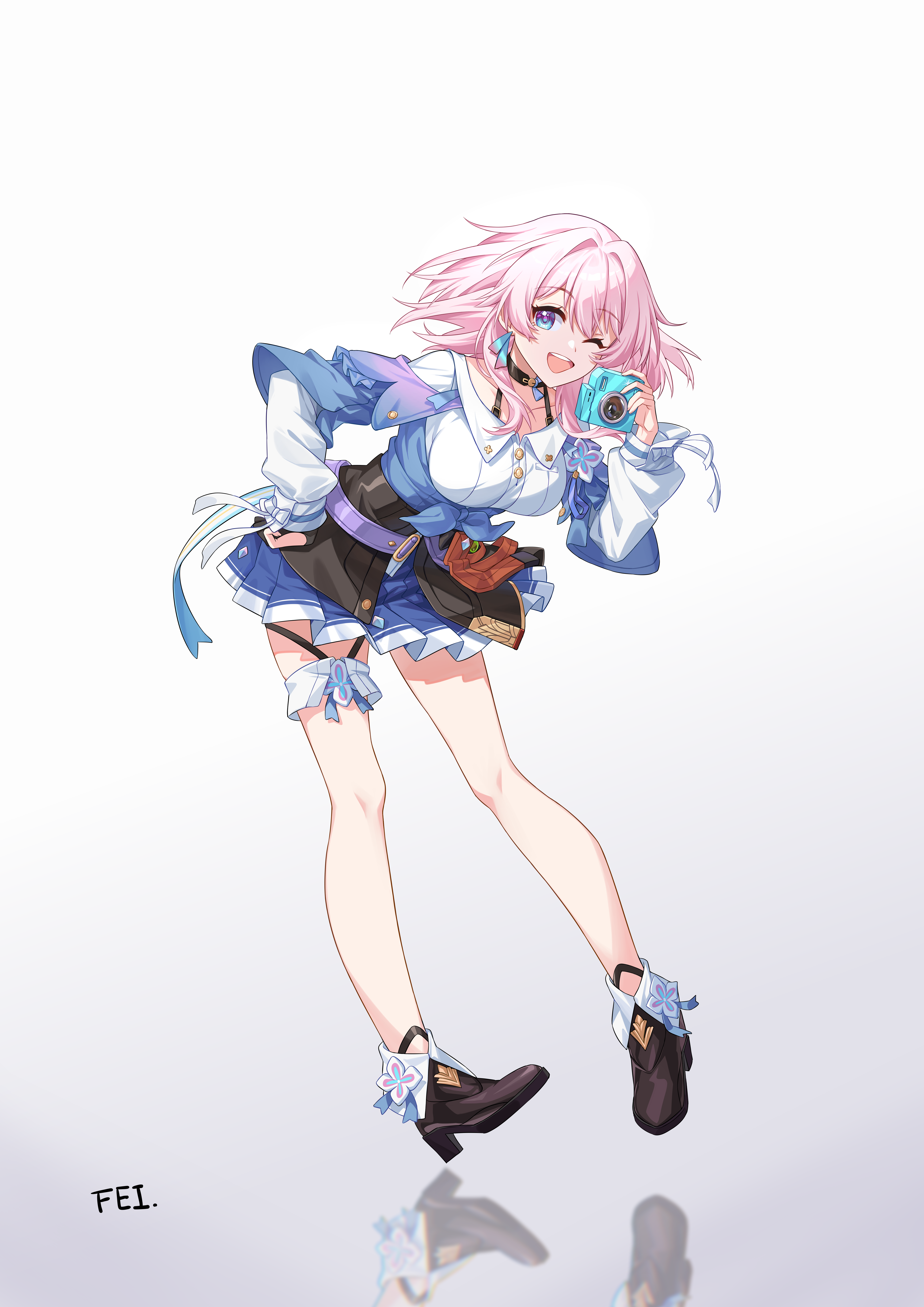 feiken 631, march 7th (honkai: star rail), march 7th (preservation) (honkai: star rail), honkai: star rail, honkai (series), absurdres, commentary, english commentary, highres, 1girl, ankle boots, black boots, black choker, black gloves, black overskirt, blue eyes, blue jacket, blue skirt, boots, bra strap, breasts, buttons, camera, choker, collarbone, earrings, fold-over boots, gloves, gradient background, gradient clothes, gradient jacket, grey background, hand on own hip, high heel boots, high heels, holding, holding camera, jacket, jewelry, long sleeves, looking at viewer, medium breasts, medium hair, miniskirt, multicolored eyes, one eye closed, partially fingerless gloves, pink eyes, pink hair, pink jacket, pleated skirt, shirt, single earring, single glove, skirt, smile, solo, teeth, thigh strap, tied jacket, two-tone eyes, underbust, upper teeth only, white background, white boots, white shirt