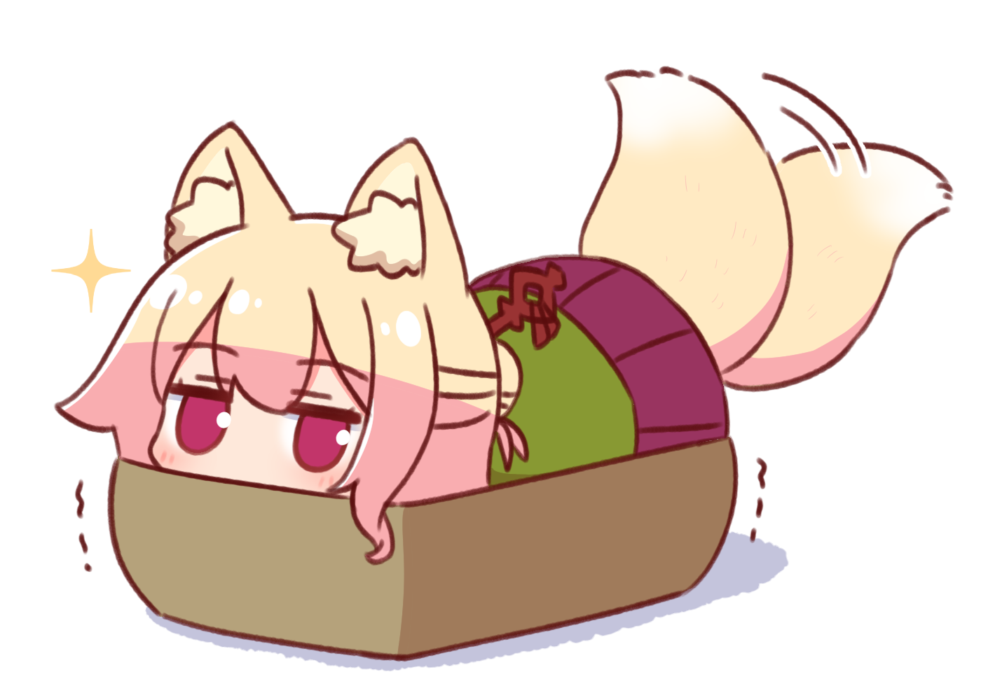 naga u, kemomimi-chan (naga u), original, 1girl, afterimage, animal ear fluff, animal ears, blonde hair, blush, box, cardboard box, fox ears, fox girl, fox tail, full body, green shirt, hair between eyes, hair bun, hair ornament, in box, in container, looking at viewer, pleated skirt, purple skirt, red eyes, shadow, shirt, single hair bun, skirt, solo, sparkle, tail, tail wagging, trembling, white background