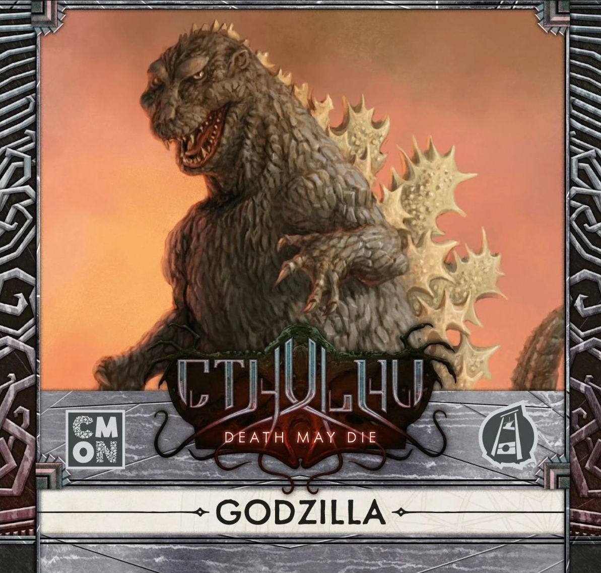 godzilla, cmon games, cthulhu: death may die, cthulhu mythos, godzilla (1954 movie), godzilla (series), godzilla vs. cthulhu: a death may die story, guillotine press, toho, artist request, official art, character name, claws, copyright name, crossover, dinosaur, ears, english text, fangs, no humans, open mouth, sharp teeth, spikes, tail, teeth, tongue