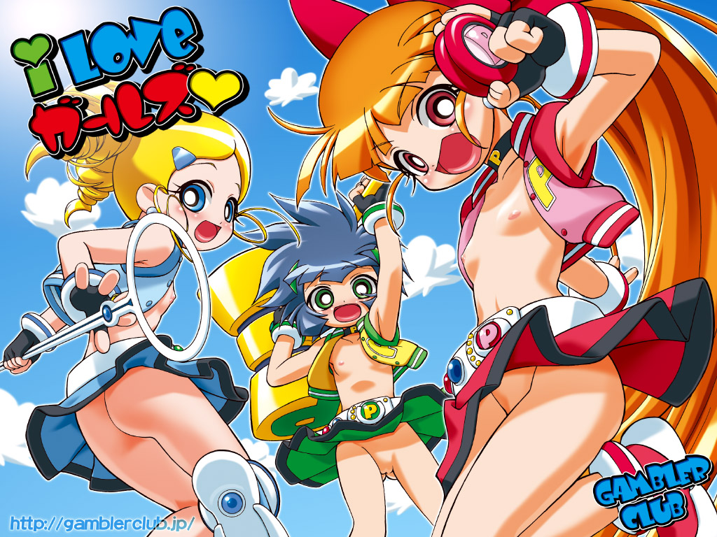 akazutsumi momoko, goutokuji miyako, hyper blossom, matsubara kaoru, powered buttercup, rolling bubbles, powerpuff girls, powerpuff girls z, 00s, ass, belt, blush, bow, bubble, flat chest, no panties, ponytail, shoes, skirt, twintails, vest
