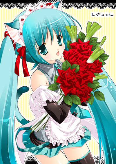hatsune miku, vocaloid, vocaloid2, animal ears, apron, blush, cat ears, cat tail, flower, long hair, skirt, tail, thighhighs, twintails
