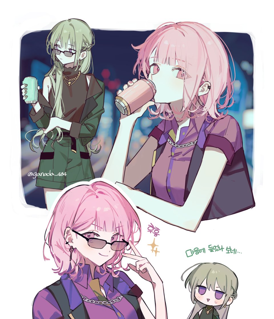 ganada 404, original, 2girls, can, collared shirt, green hair, green shorts, holding, holding can, jewelry, long hair, looking at viewer, looking over eyewear, multiple girls, necklace, official alternate hair length, official alternate hairstyle, pink eyes, pink hair, purple shirt, shirt, short hair, short sleeves, shorts, sleeveless, sunglasses