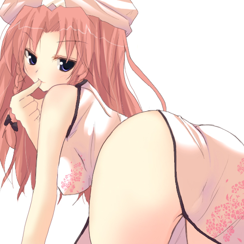 rikudou inuhiko, hong meiling, touhou, lowres, 1girl, alternate costume, ass, blush, braid, breasts, china dress, chinese clothes, dress, female focus, finger to mouth, long hair, looking back, naughty face, no panties, plait, red hair, see-through clothes, side braid, simple background, solo, white background
