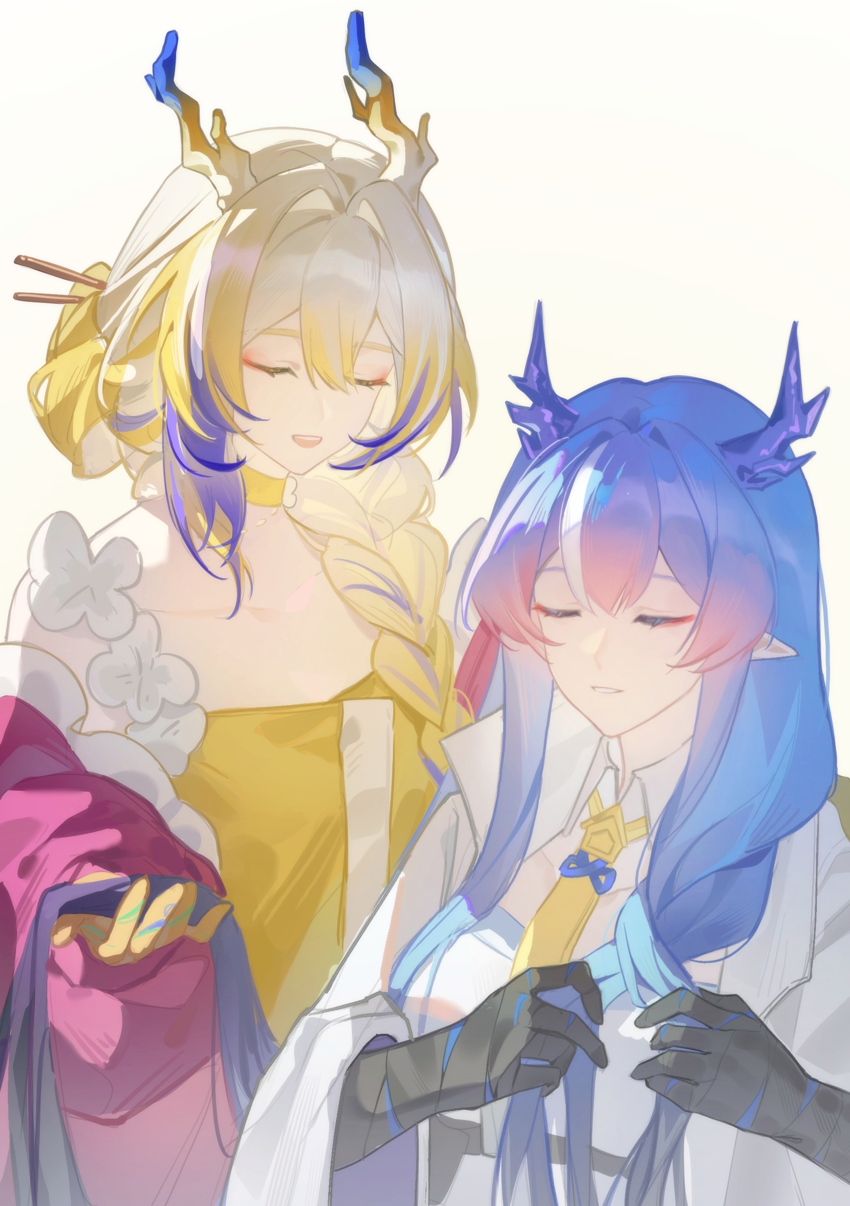 ling (arknights), shu (arknights), shu (spring feast) (arknights), arknights, absurdres, chinese commentary, commentary request, highres, 2girls, blonde hair, blue hair, braid, choker, closed eyes, colored extremities, dragon girl, dragon horns, hair between eyes, hair intakes, hair over shoulder, horns, multicolored hair, multiple girls, official alternate costume, open mouth, parted lips, pink hair, pointy ears, purple hair, san jin (xinjinjumin1962849), siblings, simple background, sisters, streaked hair, upper body, white background, white hair, yellow choker