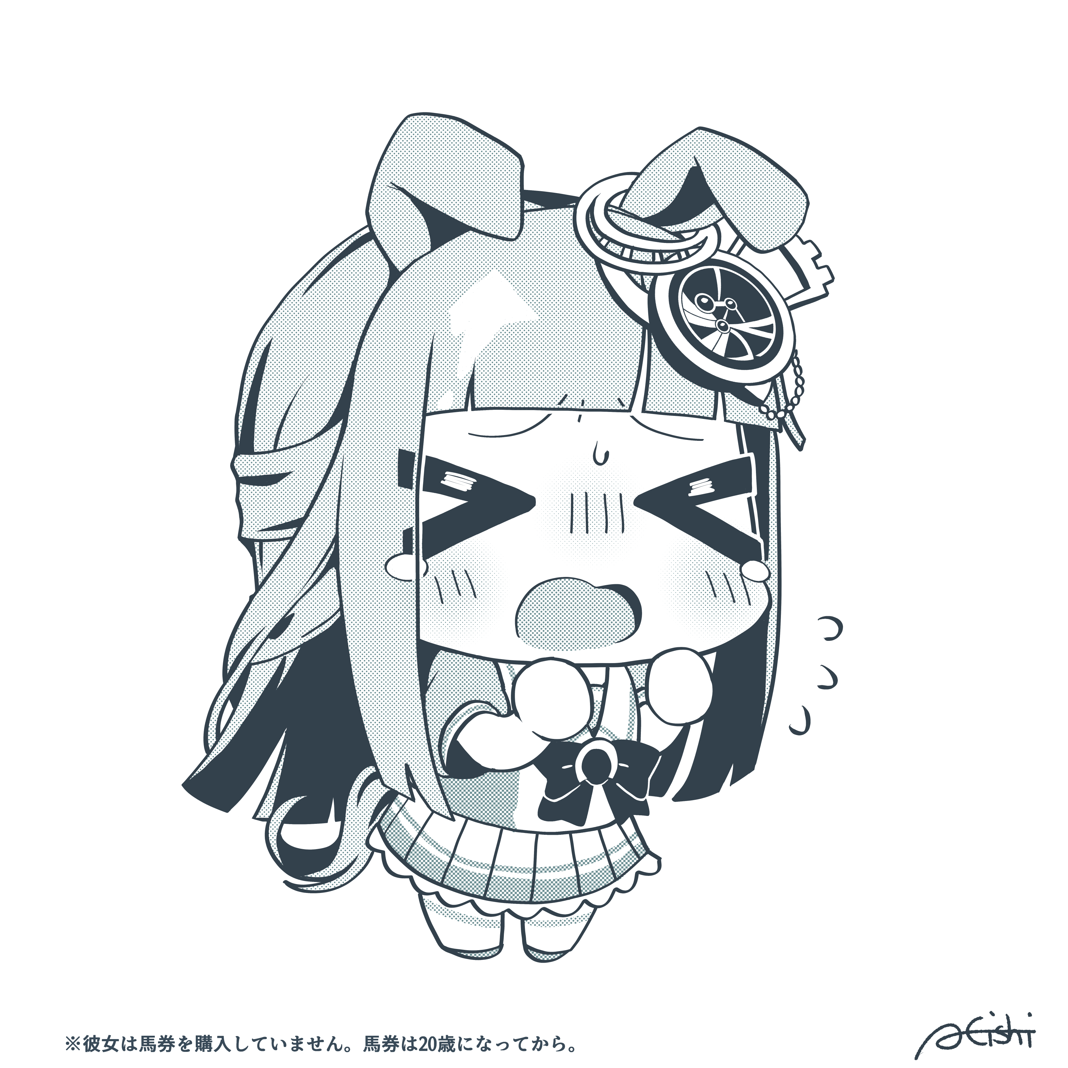 a4 (a4 eishi), chrono genesis (umamusume), umamusume, absurdres, commentary, highres, > <, 1girl, animal ears, blunt bangs, chibi, closed eyes, crying, ear ornament, full body, greyscale, horse ears, horse girl, horse tail, horseshoe ornament, monochrome, pleated skirt, puffy short sleeves, puffy sleeves, sailor collar, sailor shirt, school uniform, shirt, short sleeves, signature, simple background, skirt, solo, tail, tracen school uniform, white background, white skirt