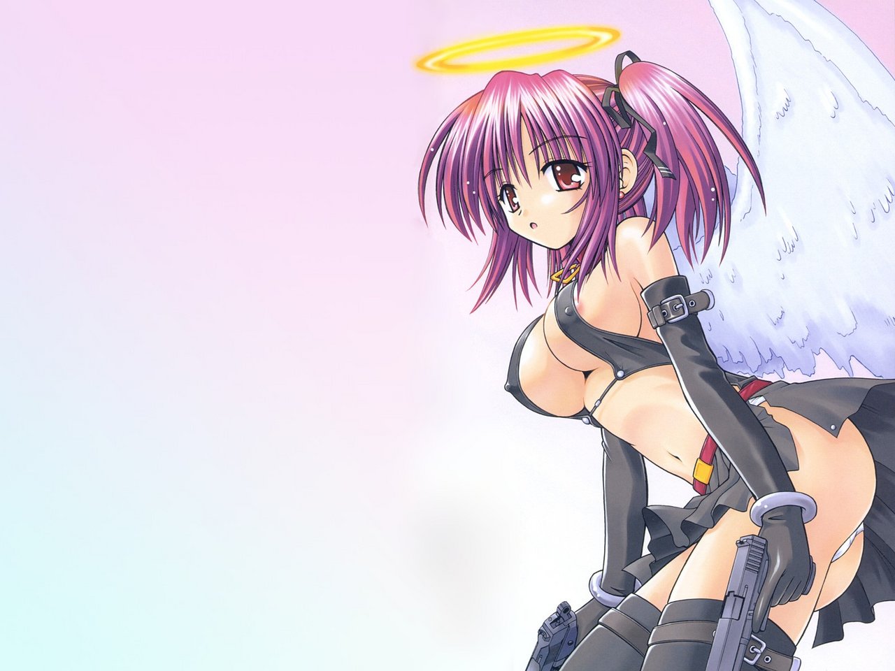 ass, breasts, gun, midriff, panties, short hair, skirt, thighhighs, twintails, underwear, weapon, wings