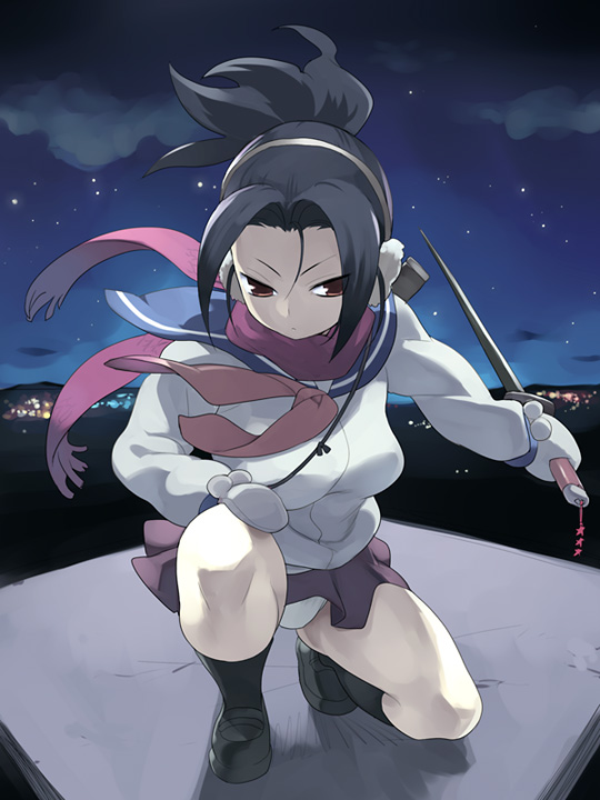 nora higuma, original, earmuffs, kneeling, left-handed, mittens, night, night sky, ninja, on one knee, panties, pantyshot, ponytail, scarf, school uniform, serafuku, short hair, skirt, sky, solo, sword, underwear, weapon