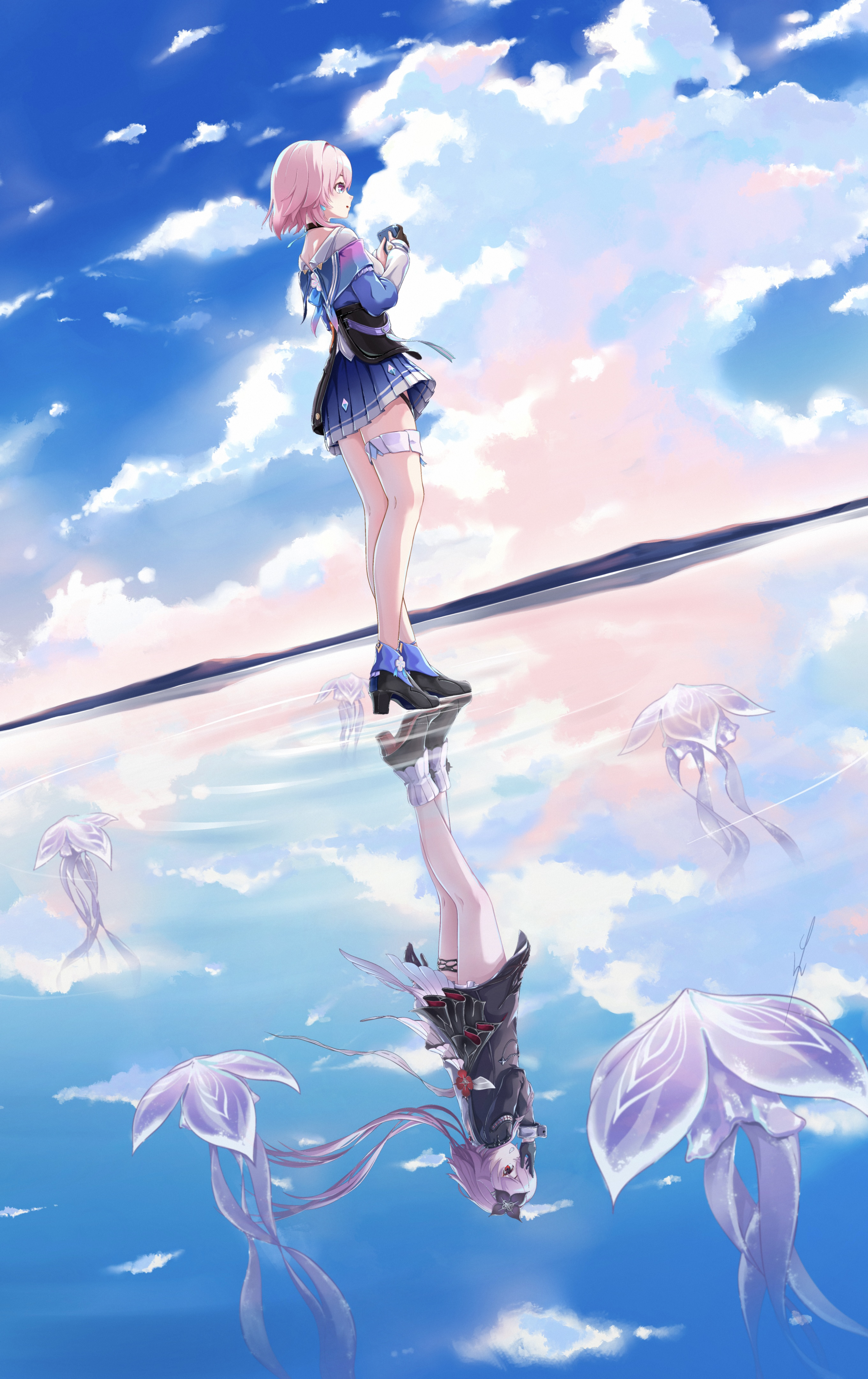 yichen, evernight (honkai: star rail), march 7th (honkai: star rail), march 7th (preservation) (honkai: star rail), honkai: star rail, honkai (series), absurdres, commentary, english commentary, highres, 2girls, ankle boots, black boots, black choker, black dress, black flower, black gloves, black overskirt, blue boots, blue eyes, blue jacket, blue skirt, blue sky, boots, camera, choker, clenched teeth, cloud, cloudy sky, dress, earrings, flower, flower ornament, fold-over boots, from behind, full body, gloves, gradient clothes, gradient jacket, high heel boots, high heels, holding, holding camera, jacket, jewelry, layered dress, long hair, long sleeves, looking afar, medium hair, miniskirt, multicolored boots, multicolored eyes, multiple girls, partially fingerless gloves, pink eyes, pink hair, pink jacket, pink pupils, pleated skirt, red boots, red flower, shirt, short dress, single earring, single glove, skirt, sky, teeth, thigh strap, two-tone boots, two-tone eyes, white boots, white dress, white shirt