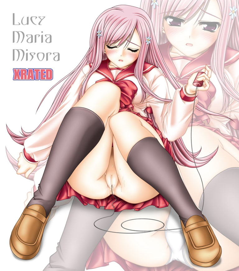 tomoya kankurou, lucy maria misora, to heart 2, uniform, 00s, 1girl, ass, blush, censored, full body, long hair, pink hair, pussy, school uniform, serafuku, sex toy, solo, spread legs, vibrator