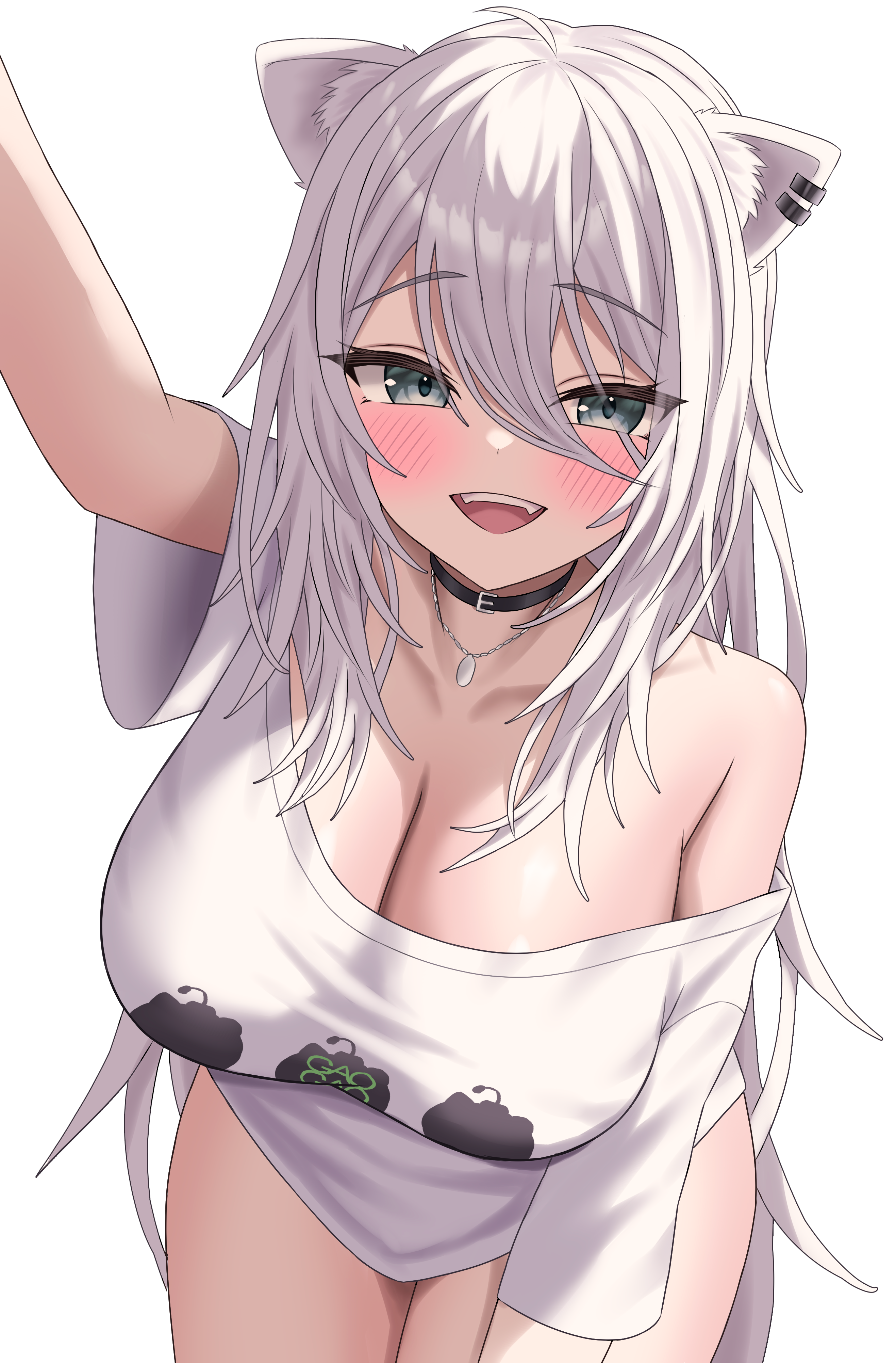 kumoru (kumoru 145), shishiro botan, shishiro botan (casual), hololive, absurdres, highres, 1girl, :d, ahoge, animal ear piercing, animal ears, black choker, breasts, choker, cleavage, double-parted bangs, fangs, grey eyes, grey hair, hair between eyes, jewelry, large breasts, leaning forward, lion ears, lion tail, long hair, loose clothes, loose shirt, messy hair, necklace, no pants, official alternate costume, official alternate hairstyle, open mouth, reaching, reaching towards viewer, shirt, simple background, single bare shoulder, single off shoulder, smile, solo, t-shirt, tail, teeth, upper teeth only, virtual youtuber, white background, white shirt