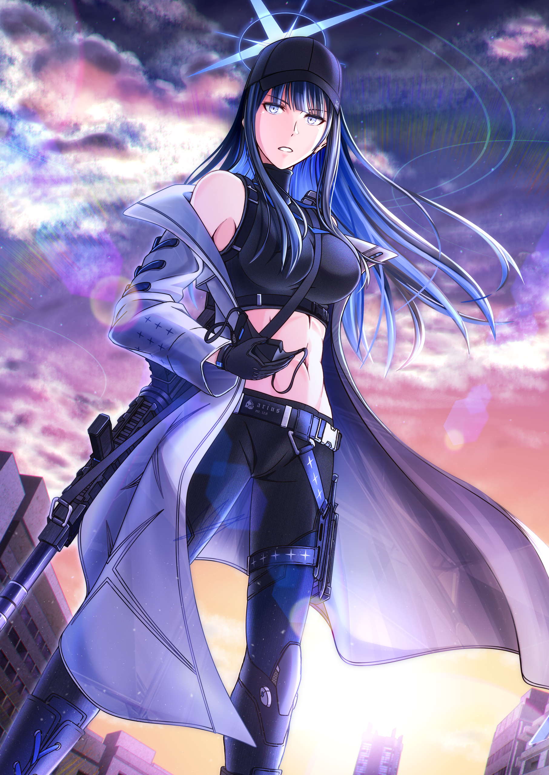 misono chiaki, saori (blue archive), blue archive, sig sauer, absurdres, commentary request, highres, 1girl, bare shoulders, baseball cap, belt, between breasts, black belt, black gloves, black hair, black mask, black pants, black shirt, blue eyes, blue hair, blue halo, blunt bangs, breasts, buckle, chest harness, cloud, cloudy sky, coat, colored inner hair, cover image, crop top, floating hair, gloves, groin, halo, harness, hat, holding, holding mask, knife, knife sheath, large breasts, lens flare, long hair, mask, midriff, mouth mask, multicolored hair, navel, off shoulder, open clothes, open coat, outdoors, pants, parted lips, sheath, shirt, sig 516, sky, sleeveless, sleeveless shirt, snap-fit buckle, solo, standing, strap between breasts, sunset, thigh sheath, underbust, unworn mask, weapon strap, white coat