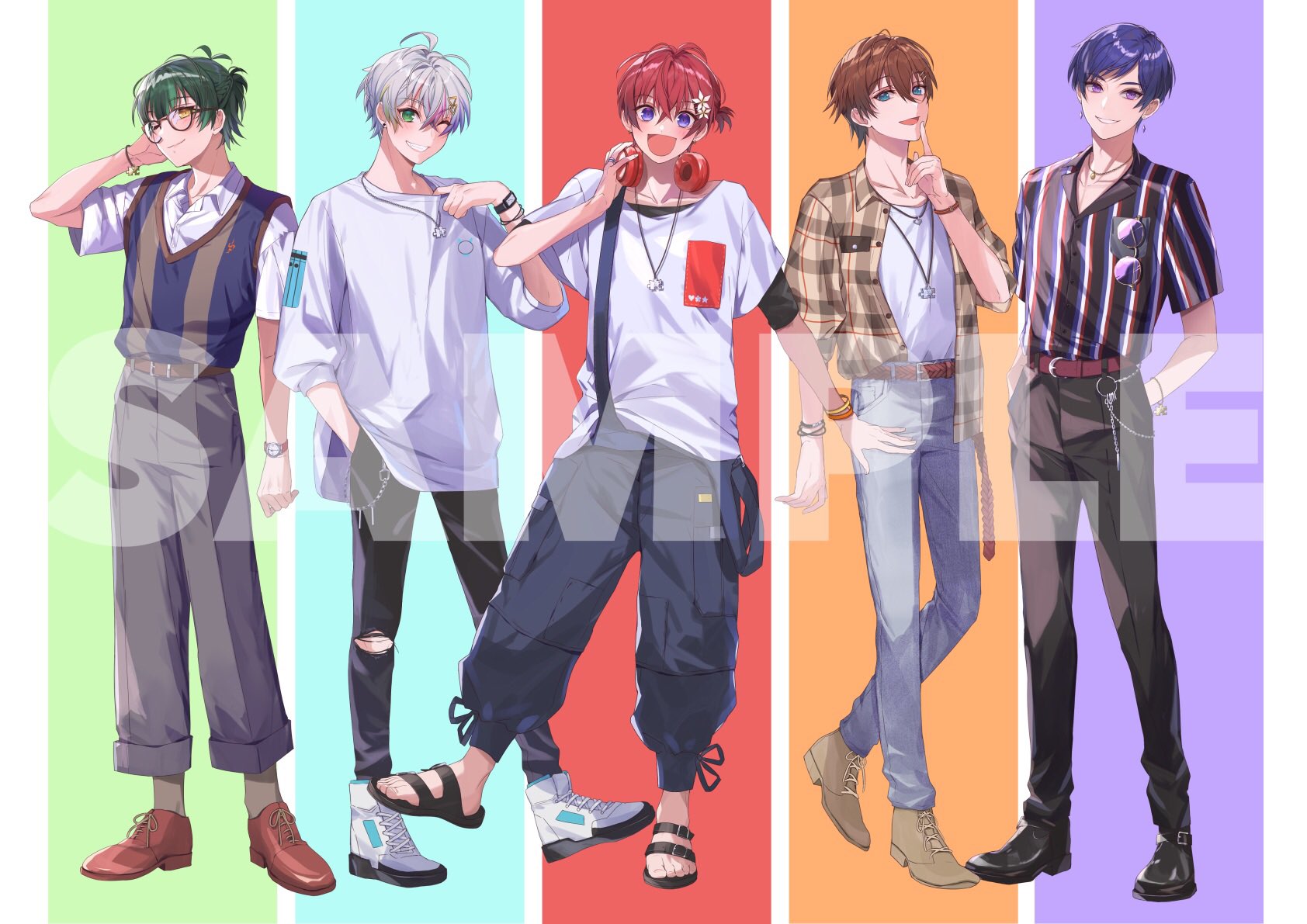 luka ooooo, highres, official art, 5boys, :d, ;), ahoge, alternate costume, antenna hair, aqua background, arm at side, bangle, belt, belt buckle, bespectacled, black overalls, black pants, black sandals, black shirt, blue eyes, blue sweater vest, blush, bracelet, breast pocket, brown-framed eyewear, brown belt, brown hair, brown jacket, brown shoes, brown socks, buckle, closed mouth, coe. (starlight polaris), collar tug, collarbone, collared shirt, column lineup background, crew neck, cross-laced shoes, crossed bangs, denim, earrings, eyewear hang, finger to mouth, flower, full body, glasses, green background, green eyes, green hair, grey hair, grey pants, grin, hair between eyes, hair flower, hair ornament, hairclip, half updo, hand in pocket, hand on headphones, hand on own face, hand up, hands in pockets, headphones, headphones around neck, high tops, index finger raised, jacket, jeans, jewelry, kisaragi you (starlight polaris), kottaro (starlight polaris), kuni (starlight polaris), layered sleeves, lineup, long sleeves, looking at viewer, male focus, monk shoes, multicolored hair, multiple boys, no shoes, one eye closed, one side up, open collar, open mouth, orange background, outstretched arm, overalls, pants, pendant, pink hair, plaid clothes, plaid jacket, pocket, puffy pants, purple background, purple eyes, purple hair, puzzle piece, red background, red belt, red hair, relu (starlight polaris), sample watermark, sandals, shirt, shirt tucked in, shoes, short hair, short sleeves, smile, sneakers, socks, standing, standing on one leg, starlight polaris, streaked hair, striped clothes, striped shirt, striped sweater vest, stud earrings, sunglasses, suspenders hanging, sweater vest, swept bangs, t-shirt, three-quarter sleeves, torn clothes, torn pants, undershirt, untucked shirt, unworn eyewear, utaite, vertical-striped clothes, vertical-striped shirt, wallet chain, watch, watermark, white flower, white shirt, white shoes, wing collar, wristwatch, yellow eyes, yellow jacket