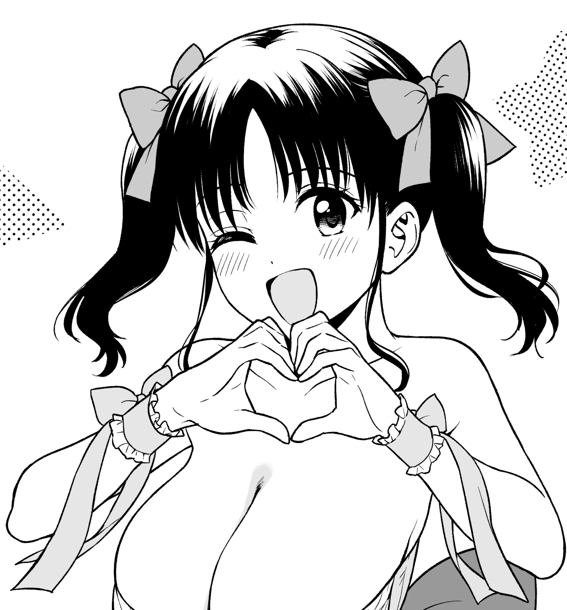 yue (show-ei), nagachichi chika idol-chan (yue (show-ei)), original, commentary request, highres, 1girl, ahoge, back bow, bare arms, bare shoulders, blush, bow, breasts, cleavage, close-up, collarbone, greyscale, hair bow, hair ornament, hands up, heart, heart hands, huge breasts, idol, looking at viewer, low neckline, medium hair, monochrome, one eye closed, parted bangs, sagging breasts, scrunchie, sidelocks, smile, strapless, tube top, twintails, upper body, wrist scrunchie