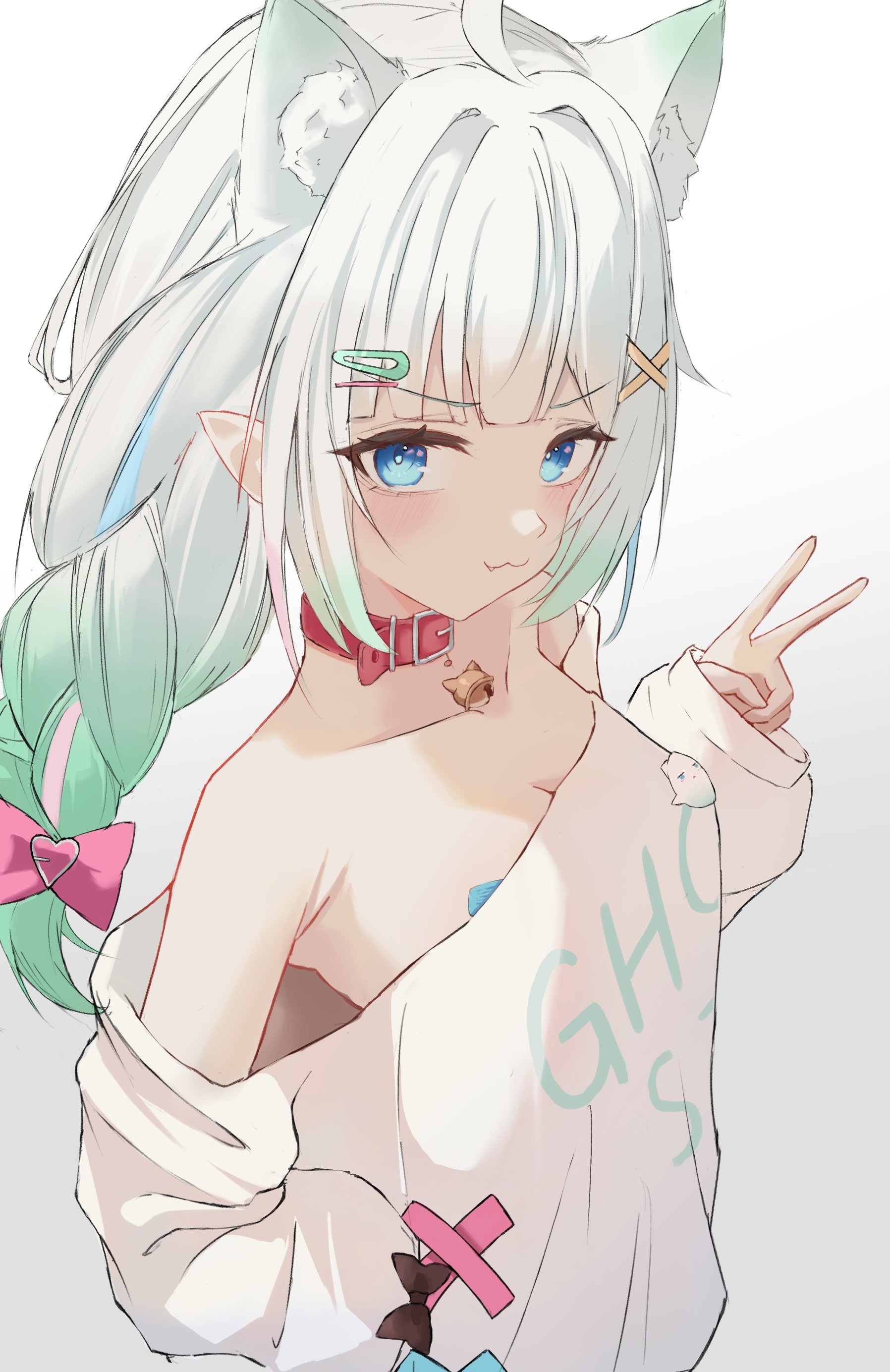 immakms zzz, mint fantome, indie virtual youtuber, absurdres, highres, 1girl, :3, bandaid, bare shoulders, bell, blue eyes, blunt bangs, blush, bow, braid, breasts, cleavage, collar, collarbone, fang, gradient background, gradient hair, green hair, hair bow, hair ornament, hairclip, long hair, looking at viewer, multicolored hair, neck bell, off shoulder, pasties, pink bow, pointy ears, red collar, shirt, solo, upper body, v, virtual youtuber, white hair, white shirt, x hair ornament