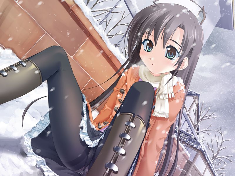 minazuki haruka, miyazono mashiro, mashiro botan, 1girl, ahoge, blush, boots, brown hair, female focus, green eyes, loli, long hair, panties, panties under pantyhose, pantyhose, pantyshot, sitting, skirt, snow, solo, thighband pantyhose, underwear, upskirt