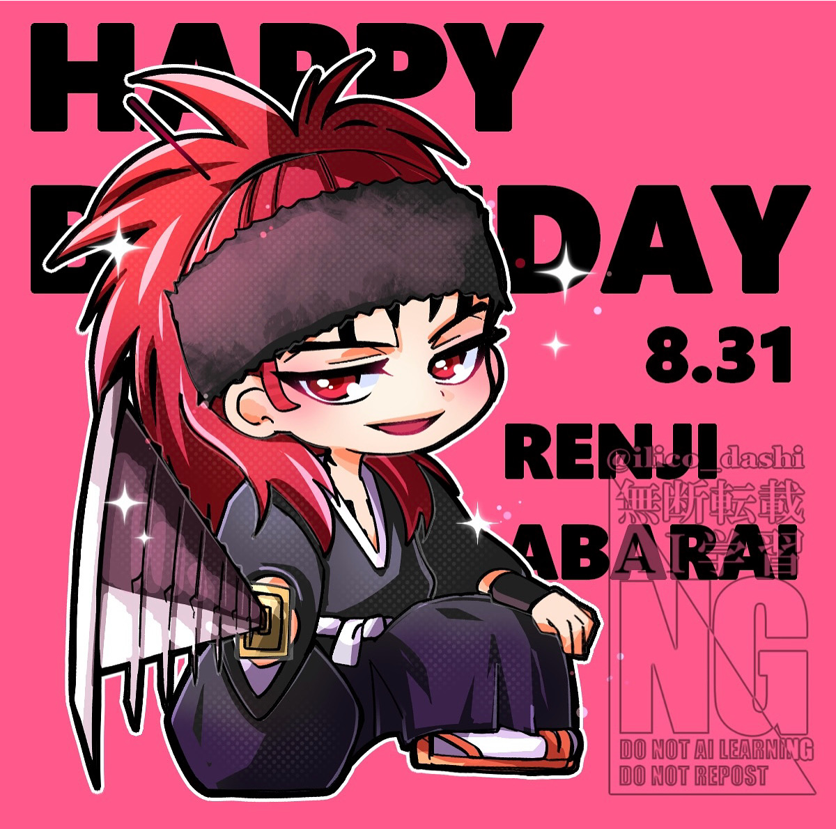wandot (ilicololo), abarai renji, bleach, commentary, english commentary, 1boy, birthday, black headband, black kimono, character name, chest tattoo, chibi, chibi only, dated, forehead tattoo, full body, happy birthday, headband, high ponytail, holding, holding sword, holding weapon, japanese clothes, kimono, long hair, looking at viewer, male focus, on one knee, open mouth, ponytail, red background, red eyes, red hair, sandals, socks, solo, sparkle, sword, tattoo, weapon, white socks