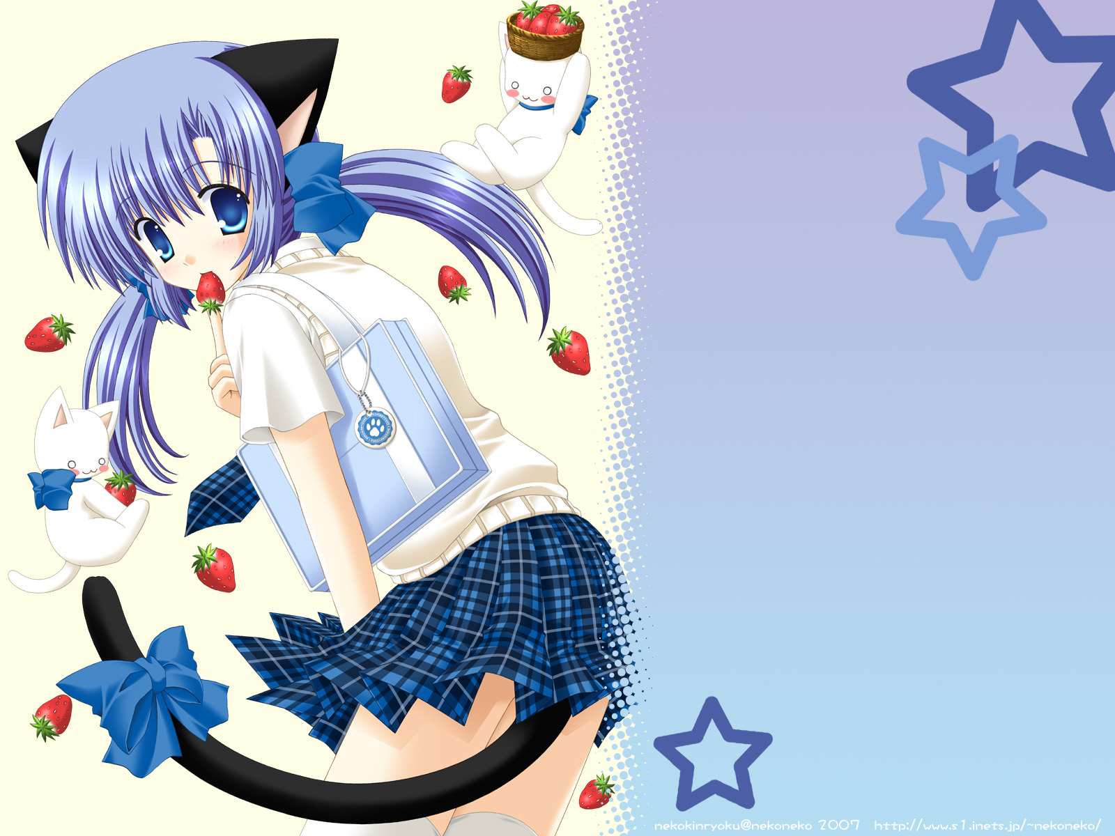 nekoneko, original, highres, 1girl, animal ears, bag, basket, blue eyes, blue hair, blush, cat, cat ears, cat tail, female focus, food, fruit, long hair, matching hair/eyes, ribbon, school uniform, serafuku, skirt, solo, strawberry, tail, thighhighs, twintails, zettai ryouiki