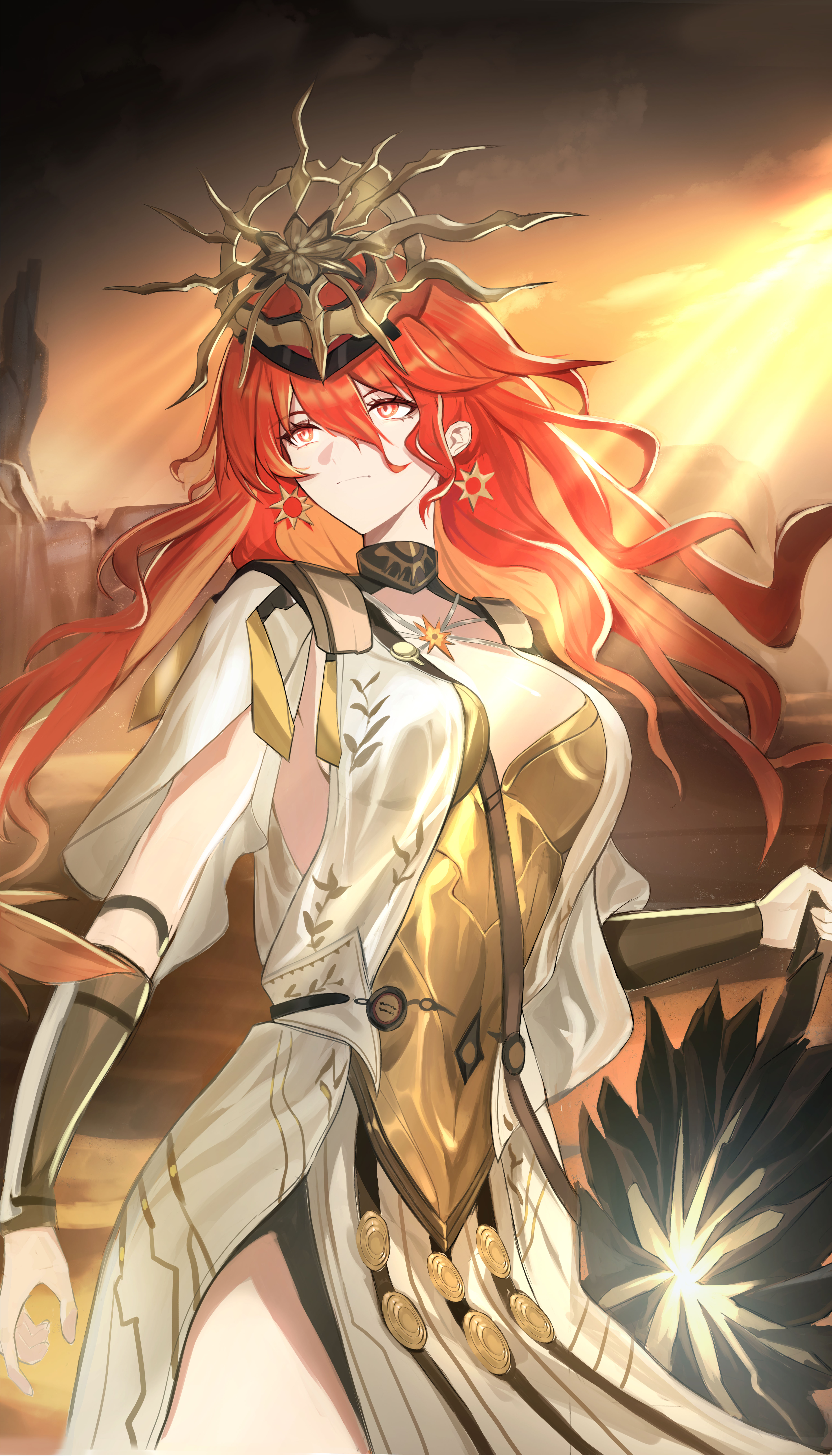 qishier shi ya tuo, augusta (wuthering waves), wuthering waves, absurdres, commentary request, highres, partial commentary, 1girl, ancient greek clothes, arm armor, armor, breastplate, breasts, closed mouth, colored inner hair, cowboy shot, dress, earrings, greatsword, greco-roman clothes, hair between eyes, headgear, holding, holding sword, holding weapon, jewelry, long hair, looking ahead, medium breasts, multicolored hair, orange hair, red eyes, solo, sun earrings, sun necklace, sword, weapon, white dress