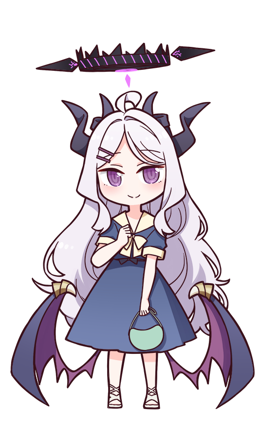 harada (sansei rain), hina (blue archive), blue archive, commentary request, 1girl, ahoge, alternate costume, blue dress, demon horns, demon wings, dress, full body, halo, horns, long hair, multiple horns, purple eyes, purple halo, simple background, smile, solo, transparent background, wings