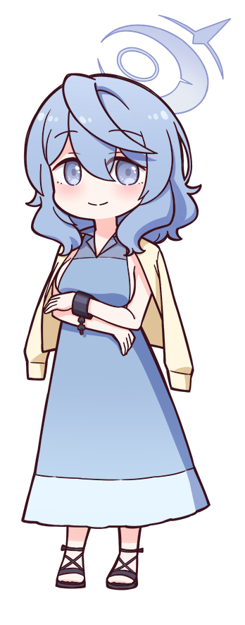 harada (sansei rain), ako (blue archive), blue archive, commentary request, 1girl, alternate costume, blue dress, blue eyes, blue hair, blue halo, dress, full body, hair between eyes, halo, simple background, sleeveless, sleeveless dress, solo, transparent background