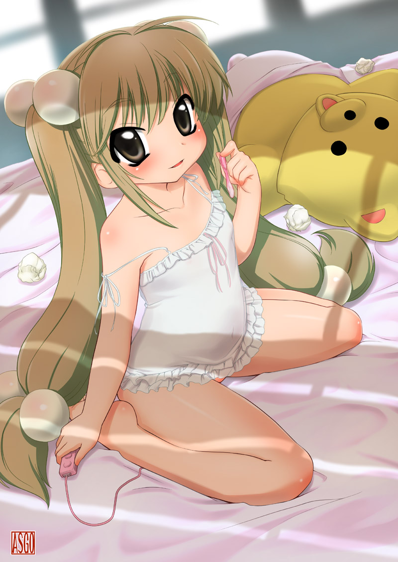 zanzi, kokonoe rin, kodomo no jikan, 00s, 1girl, barefoot, blush, condom, female focus, flat chest, hair bobbles, hair ornament, lingerie, loli, long hair, panties, sex toy, solo, twintails, underwear, very long hair, vibrator