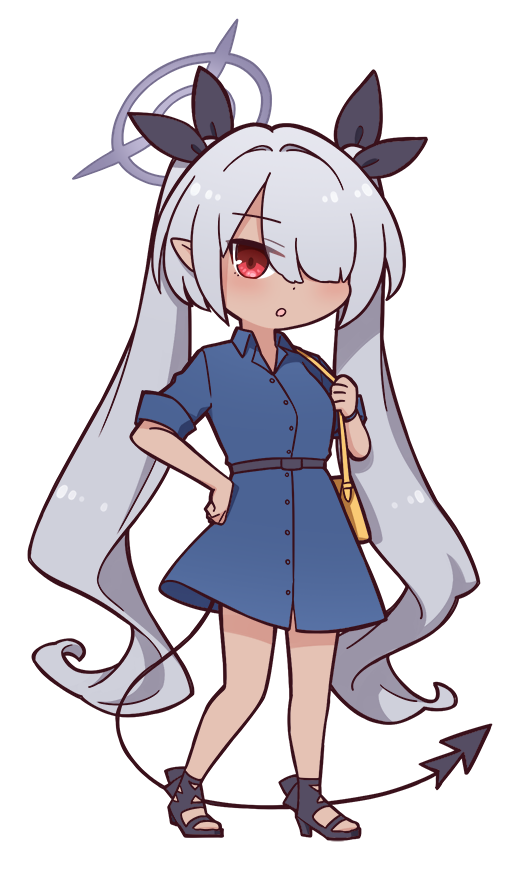 harada (sansei rain), iori (blue archive), blue archive, commentary request, 1girl, alternate costume, bag, blue dress, dark-skinned female, dark skin, demon tail, dress, full body, grey hair, hair over one eye, halo, long hair, purple halo, red eyes, simple background, solo, standing, tail, transparent background, twintails, very long hair