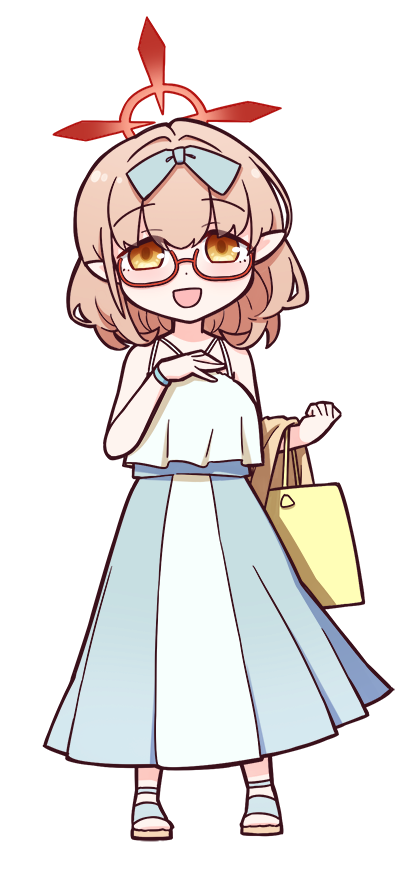 harada (sansei rain), chinatsu (blue archive), blue archive, commentary request, 1girl, alternate costume, bag, full body, glasses, halo, pointy ears, red halo, simple background, skirt, smile, solo, transparent background