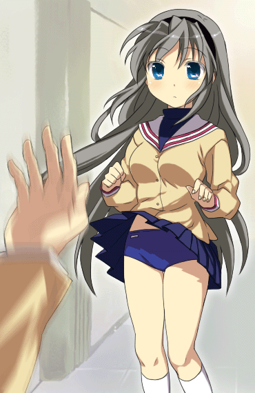 jimeko, sakagami tomoyo, clannad, 00s, 1girl, blue eyes, blush, buruma, clothes lift, female focus, grey hair, long hair, school uniform, serafuku, skirt, skirt flip, skirt lift, socks, solo, underwear, white socks