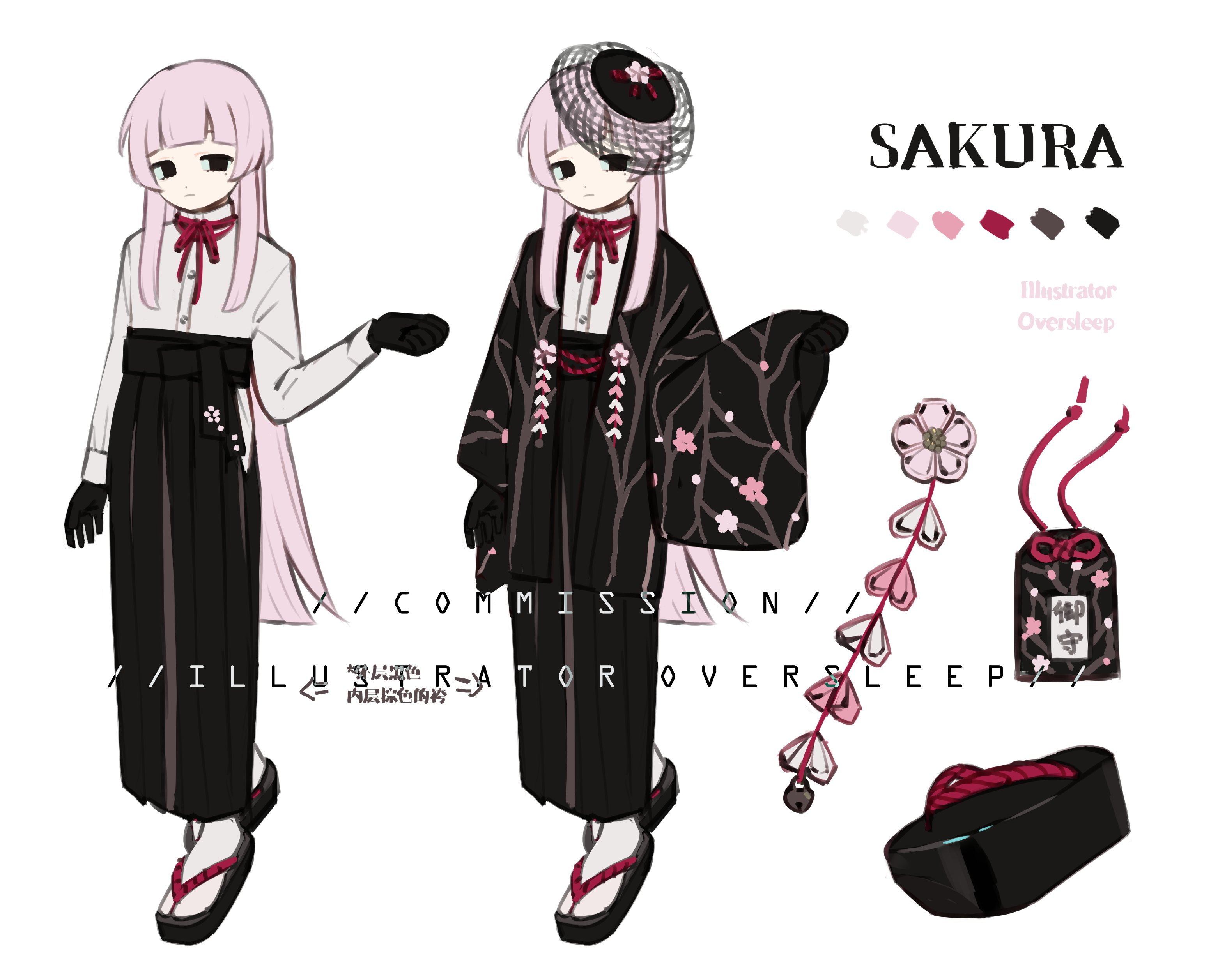 oversleep, original, absurdres, highres, 1girl, arm at side, black eyes, black gloves, black hakama, black kimono, black skirt, blunt bangs, character name, closed mouth, english text, floral print, frills, full body, gloves, hair ornament, hakama, hakama skirt, high-waist skirt, hime cut, japanese clothes, kimono, long hair, long skirt, long sleeves, looking at viewer, multiple views, neck ribbon, pink hair, red ribbon, reference sheet, ribbon, sandals, shirt, shirt tucked in, sidelocks, simple background, skirt, socks, standing, tabi, talisman, very long hair, white background, white shirt, white socks, wide sleeves, zouri