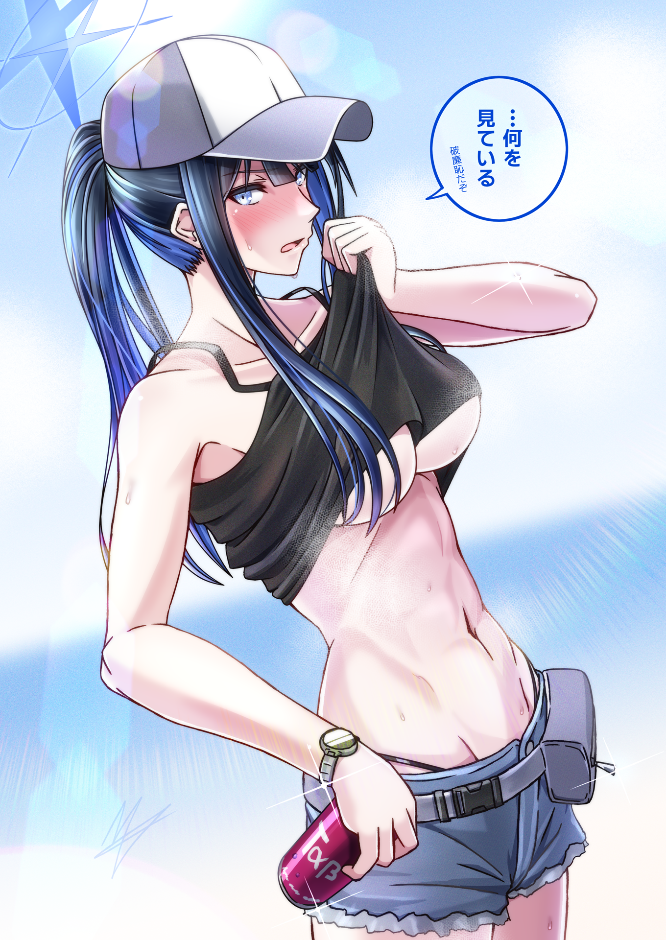 misono chiaki, saori (blue archive), saori (swimsuit) (blue archive), blue archive, commentary request, highres, translation request, 1girl, bare shoulders, baseball cap, black camisole, black hair, blue eyes, blue hair, blue halo, blue sky, blunt bangs, blush, breasts, camisole, camisole lift, can, clothes lift, cloud, collarbone, colored inner hair, cowboy shot, cutoffs, day, denim, denim shorts, fanny pack, grey shorts, groin, halo, hat, holding, holding can, large breasts, lens flare, lifting own clothes, long hair, looking at viewer, multicolored hair, navel, no mask, official alternate costume, official alternate hairstyle, open mouth, ponytail, shorts, signature, sky, sleeveless, solo, standing, steam, stomach, sweat, underboob, watch, white hat, wristwatch