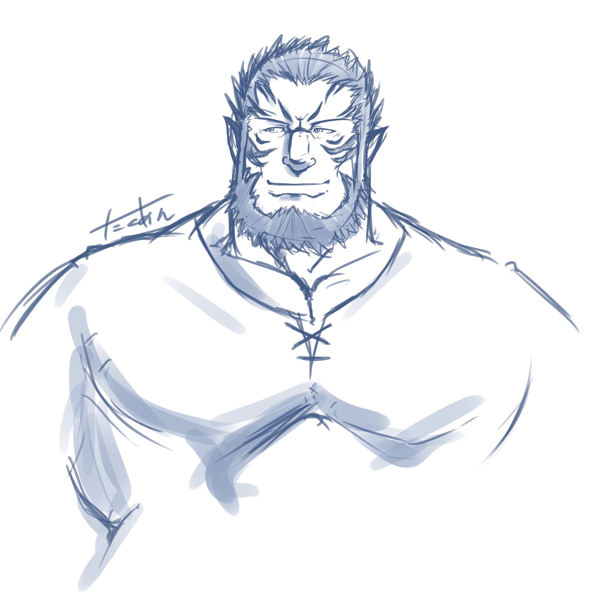 taku-ang, mordecai (fire emblem), fire emblem, fire emblem: path of radiance, nintendo, commentary request, highres, 1boy, animal ears, beard, blue theme, facial hair, male focus, monochrome, pectoral cleavage, pectorals, short hair, signature, solo
