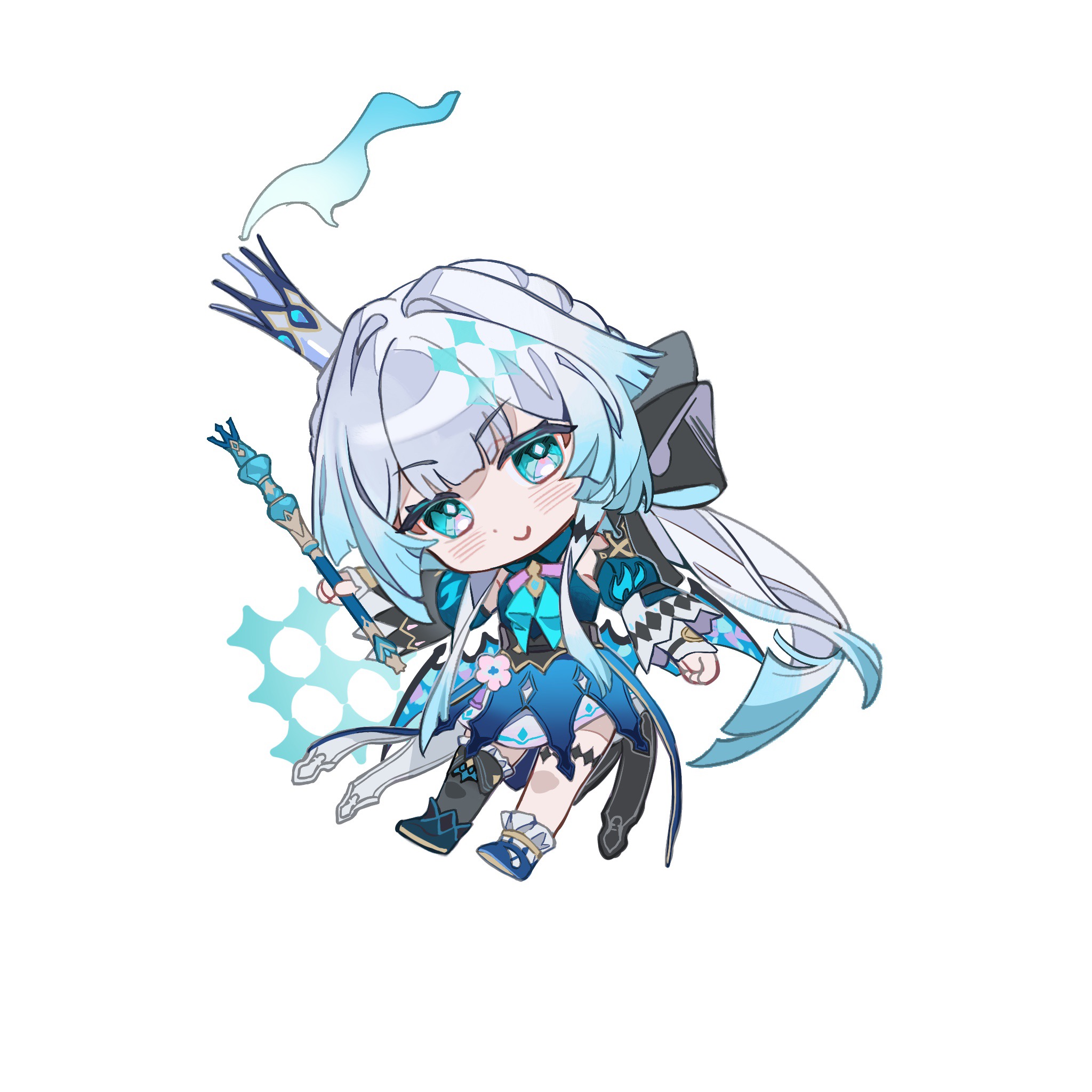 mingmingzhu, cerydra (honkai: star rail), honkai: star rail, honkai (series), commentary request, highres, 1girl, aqua eyes, asymmetrical legwear, blue hair, blush, chibi, chibi only, crown, full body, holding, holding scepter, long hair, looking at viewer, mini crown, mismatched legwear, multicolored hair, scepter, simple background, solo, two-tone hair, very long hair, white background, white hair
