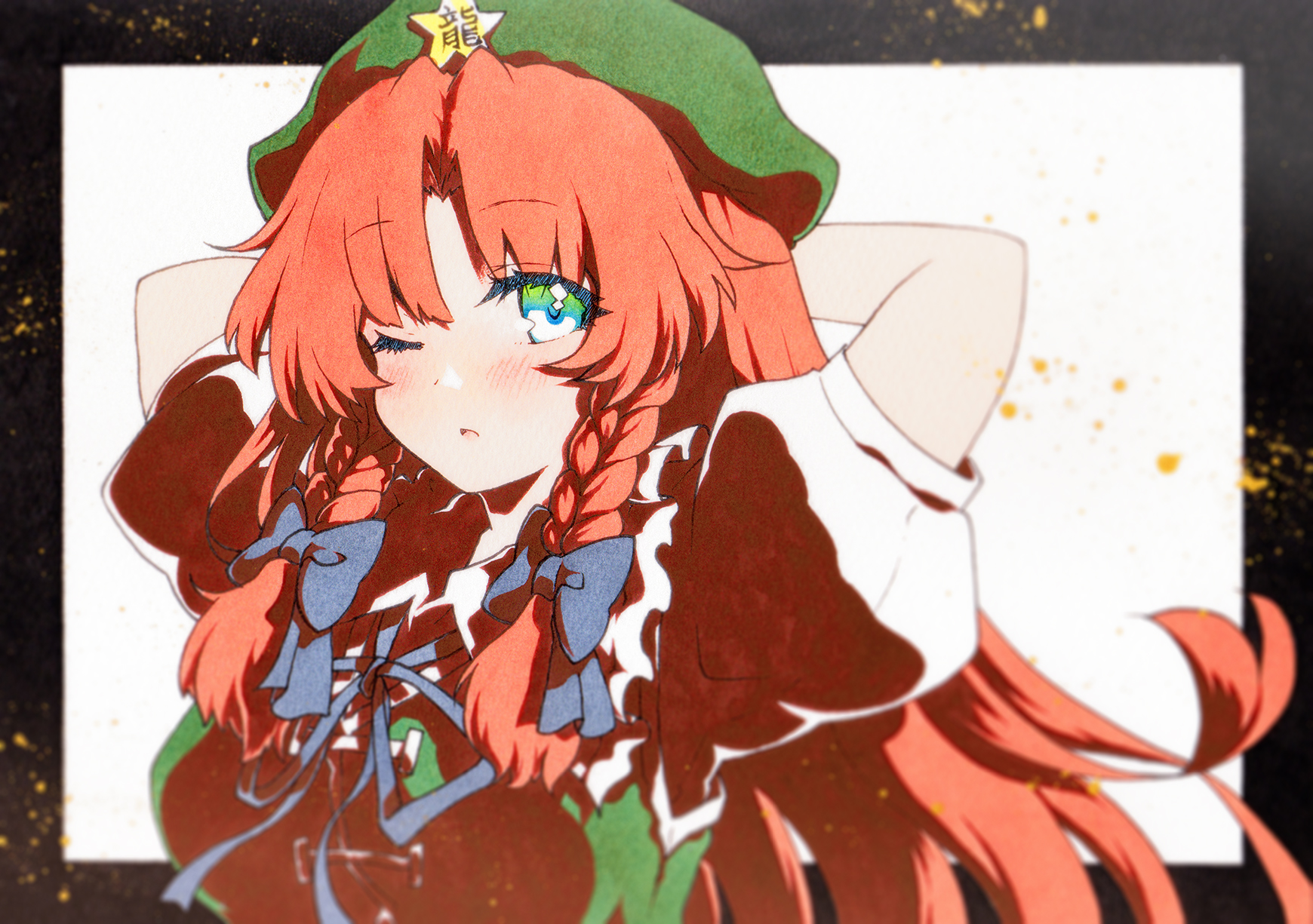 rinka (qqqrinkappp), hong meiling, touhou, highres, 1girl, arms behind head, black border, blue ribbon, border, braid, breasts, green eyes, green hat, green vest, hair ribbon, hat, light blush, long hair, looking at viewer, one eye closed, orange hair, parted lips, puffy short sleeves, puffy sleeves, ribbon, shirt, short sleeves, solo, star (symbol), twin braids, upper body, vest, white background, white shirt