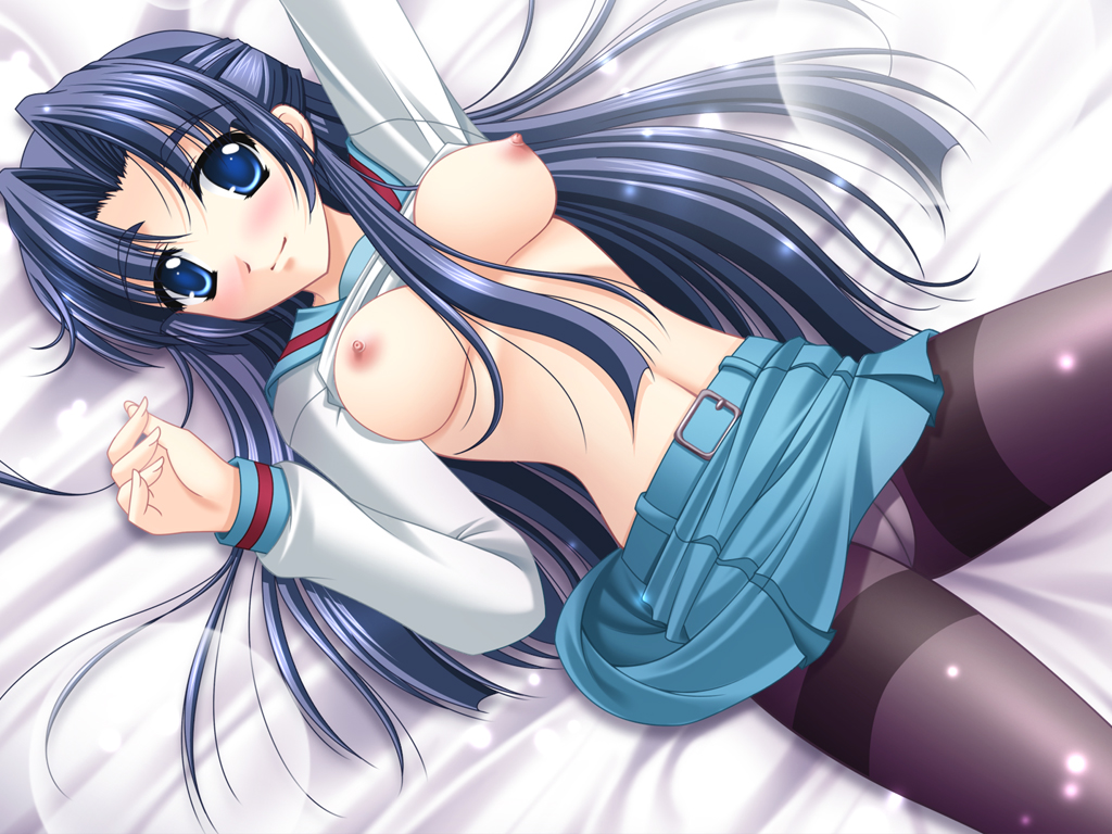narutaki shin, asakura ryoko, suzumiya haruhi no yuuutsu, 00s, 1girl, bed, blue eyes, blue hair, blush, breasts, cameltoe, clothes lift, crotch seam, female focus, long hair, lying, matching hair/eyes, nipples, no bra, panties, panties under pantyhose, pantyhose, school uniform, serafuku, shirt lift, skirt, solo, thighband pantyhose, underwear, upskirt