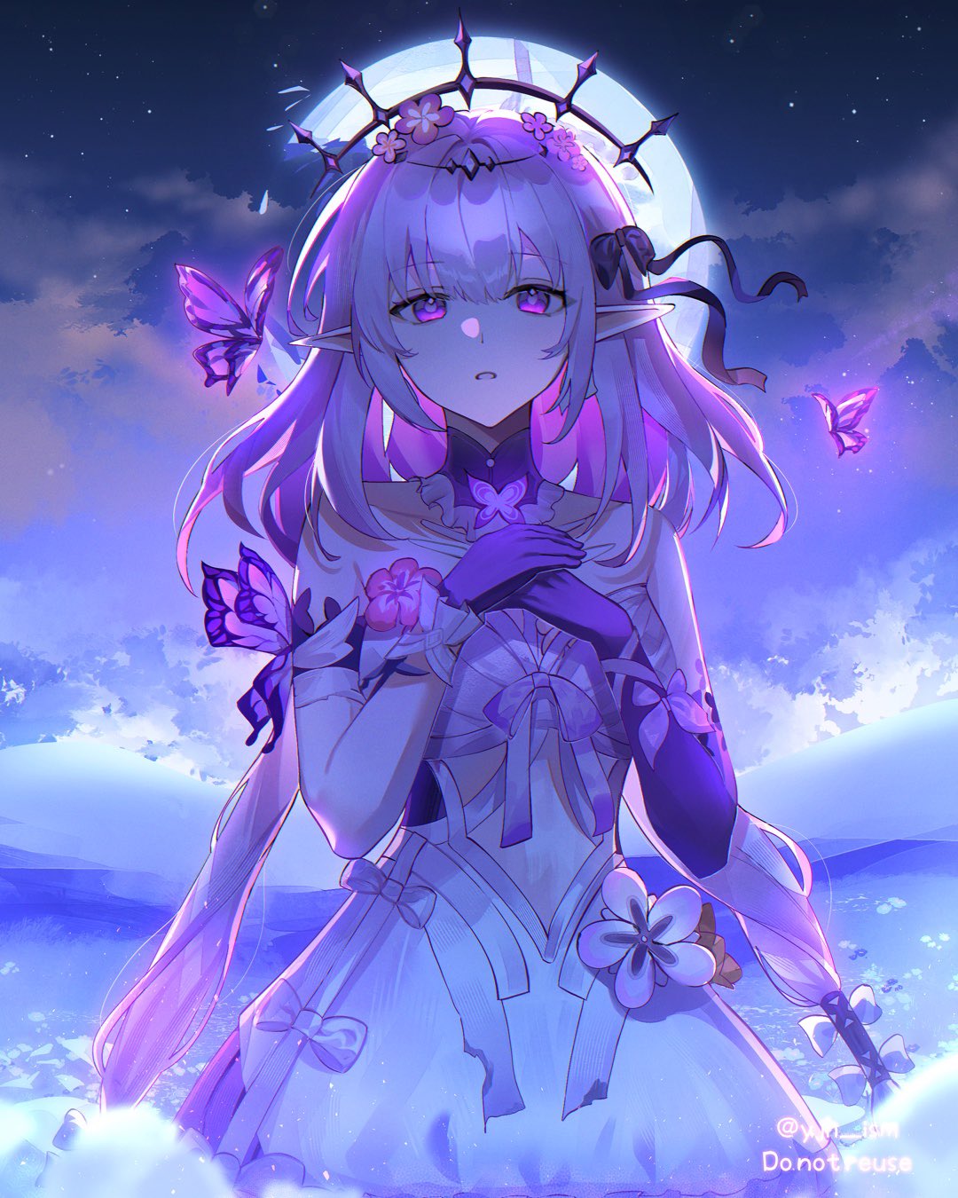 castorice (honkai: star rail), honkai: star rail, honkai (series), commentary, english commentary, highres, 1girl, asymmetrical gloves, bare shoulders, black tiara, breasts, bug, butterfly, dress, elbow gloves, flower, gloves, hair flower, hair ornament, insect, long hair, looking at viewer, medium breasts, moon, night, night sky, outdoors, parted lips, pointy ears, purple eyes, purple gloves, purple hair, sky, solo, tiara, uneven gloves, very long hair, white dress, yjh ism