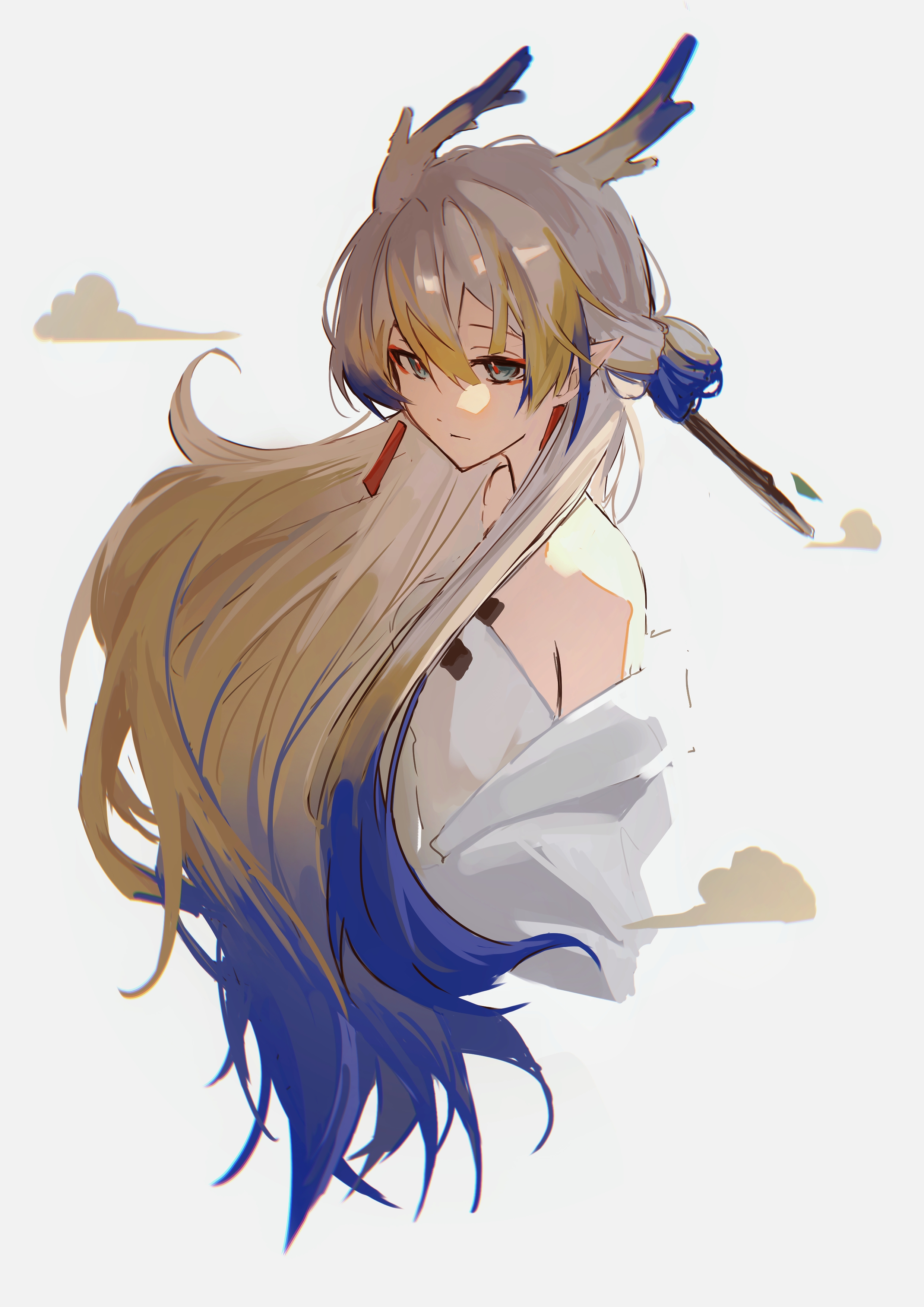 shu (arknights), arknights, absurdres, chinese commentary, commentary request, highres, 1girl, bare shoulders, blonde hair, blue hair, chromatic aberration, closed mouth, cropped torso, dragon girl, dragon horns, earrings, eyeliner, green eyes, grey background, grey hair, hair between eyes, horns, jewelry, long hair, looking at viewer, makeup, miaotiaodeshuibei, multicolored hair, off shoulder, orange eyeliner, pointy ears, simple background, solo
