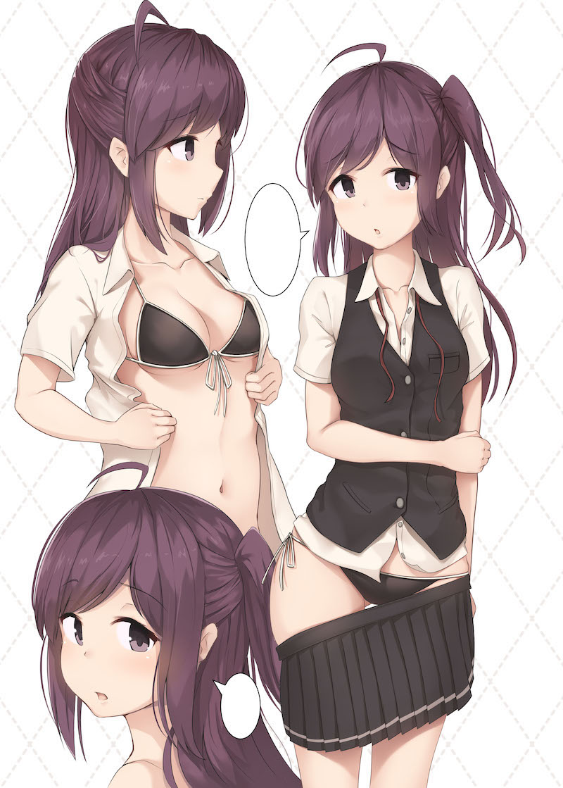 driftkingtw, hagikaze (kancolle), kantai collection, commentary request, 1girl, ahoge, argyle background, bikini, bikini under clothes, black bikini, black skirt, black vest, blank speech bubble, breasts, collarbone, collared shirt, cowboy shot, dress shirt, front-tie bikini top, front-tie top, long hair, looking at viewer, medium breasts, multiple views, navel, neck ribbon, one side up, open clothes, open shirt, parted bangs, pleated skirt, pouring, purple hair, red ribbon, ribbon, shirt, short sleeves, side-tie bikini bottom, sidelocks, skirt, speech bubble, stomach, string bikini, swimsuit, turning head, undressing, vest, white background, white shirt