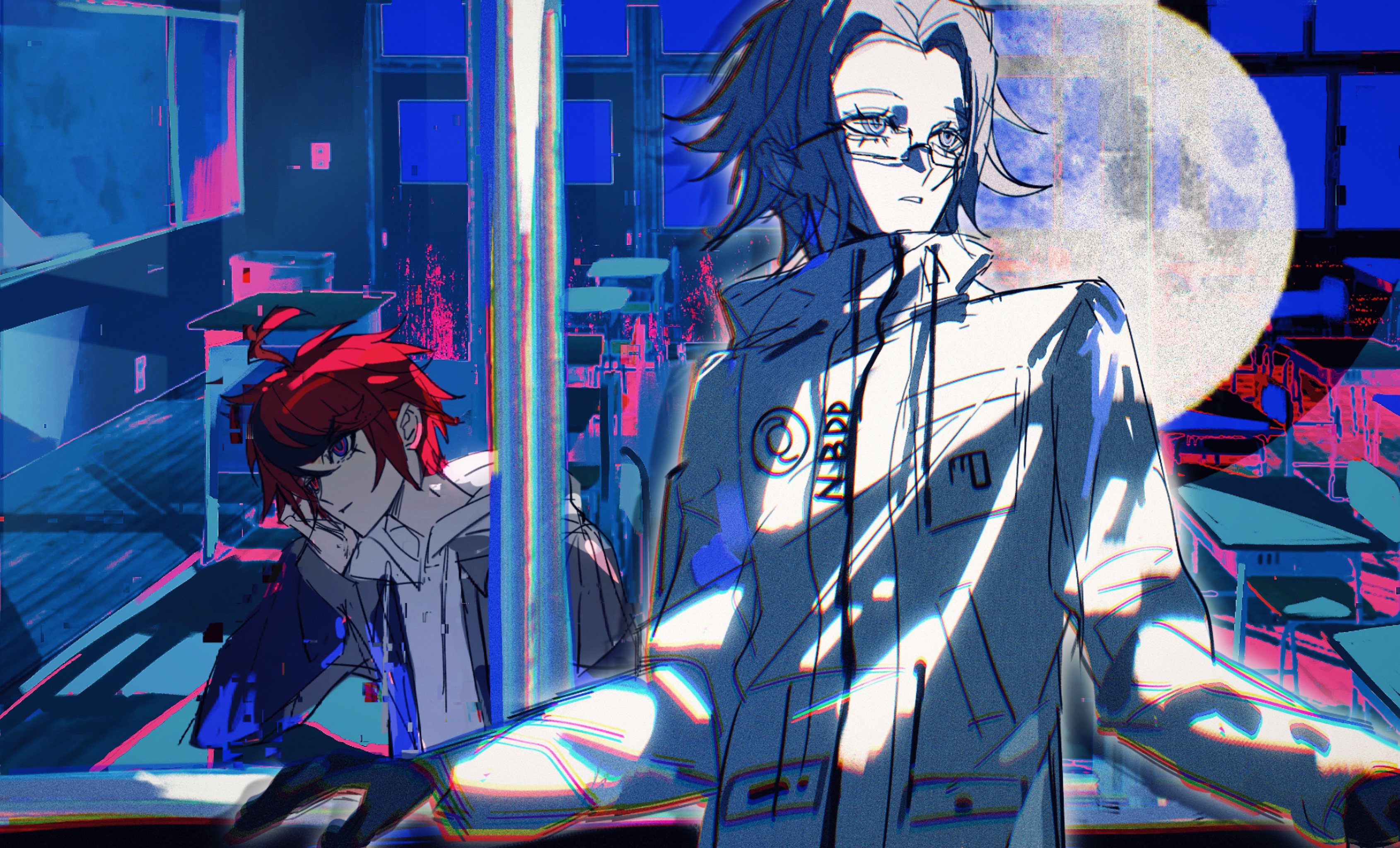 binxngchng1, aotsuki eito, sumino takumi, the hundred line -last defense academy-, absurdres, chinese commentary, commentary request, highres, 2boys, ahoge, black gloves, black hair, blood, blood on clothes, blue blood, blue eyes, chromatic aberration, classroom, closed mouth, desk, drawstring, eyelashes, film grain, full moon, glasses, gloves, grey hair, grey jacket, hand on own cheek, hand on own face, high collar, hood, hood down, hoodie, jacket, jacket over hoodie, long sleeves, male focus, moon, multicolored hair, multiple boys, open clothes, open jacket, pale skin, pocket, rectangular eyewear, red hair, short hair, sketch, streaked hair, two-tone hair, white hoodie, white jacket, window, zipper pull tab